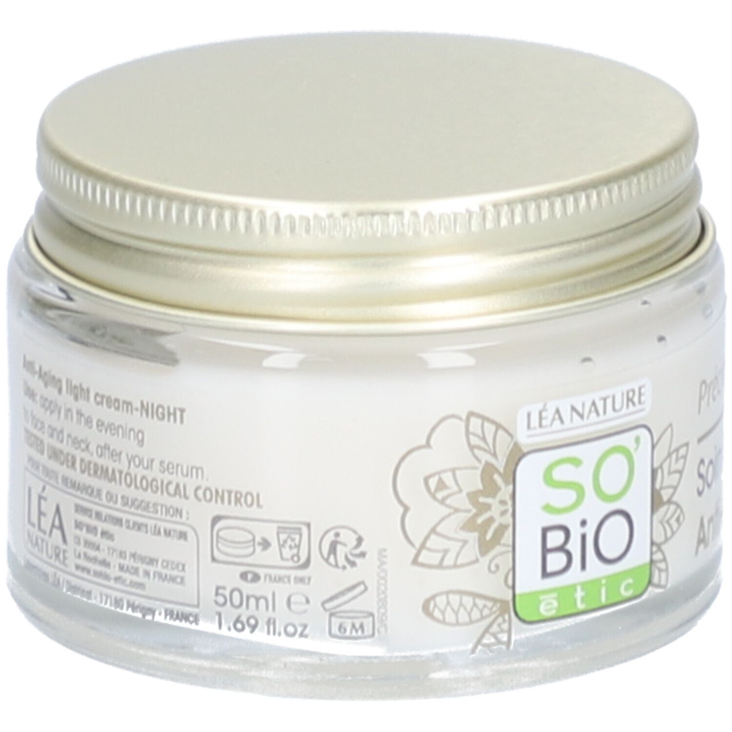 Pot de crème avec couvercle doré. Inscription: Anti-Aging light cream-NIGHT. Testé sous contrôle dermatologique. 50ml.