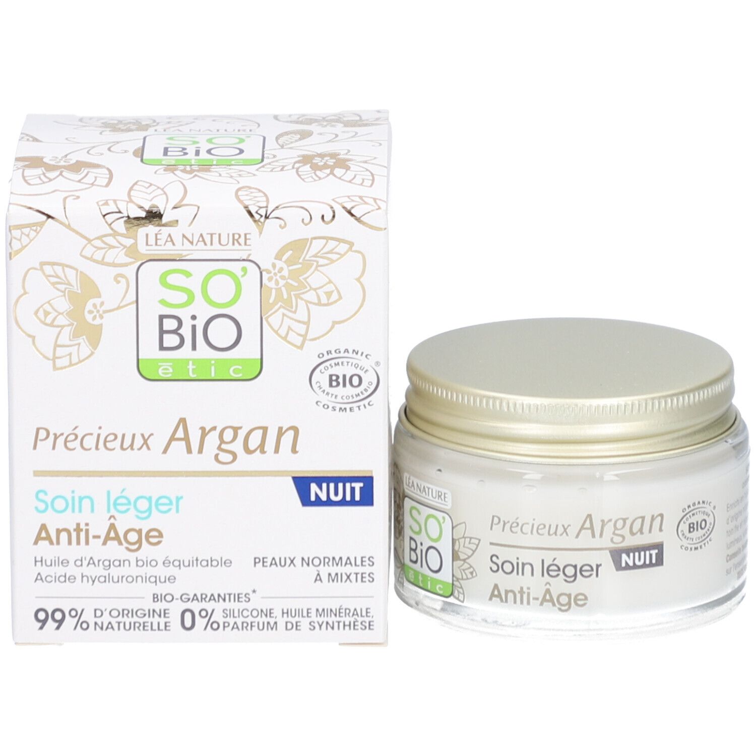 Pot de crème et boîte. Inscription: Précieux Argan, Soin léger Nuit Anti-Âge. Cosmétique bio. 50ml.