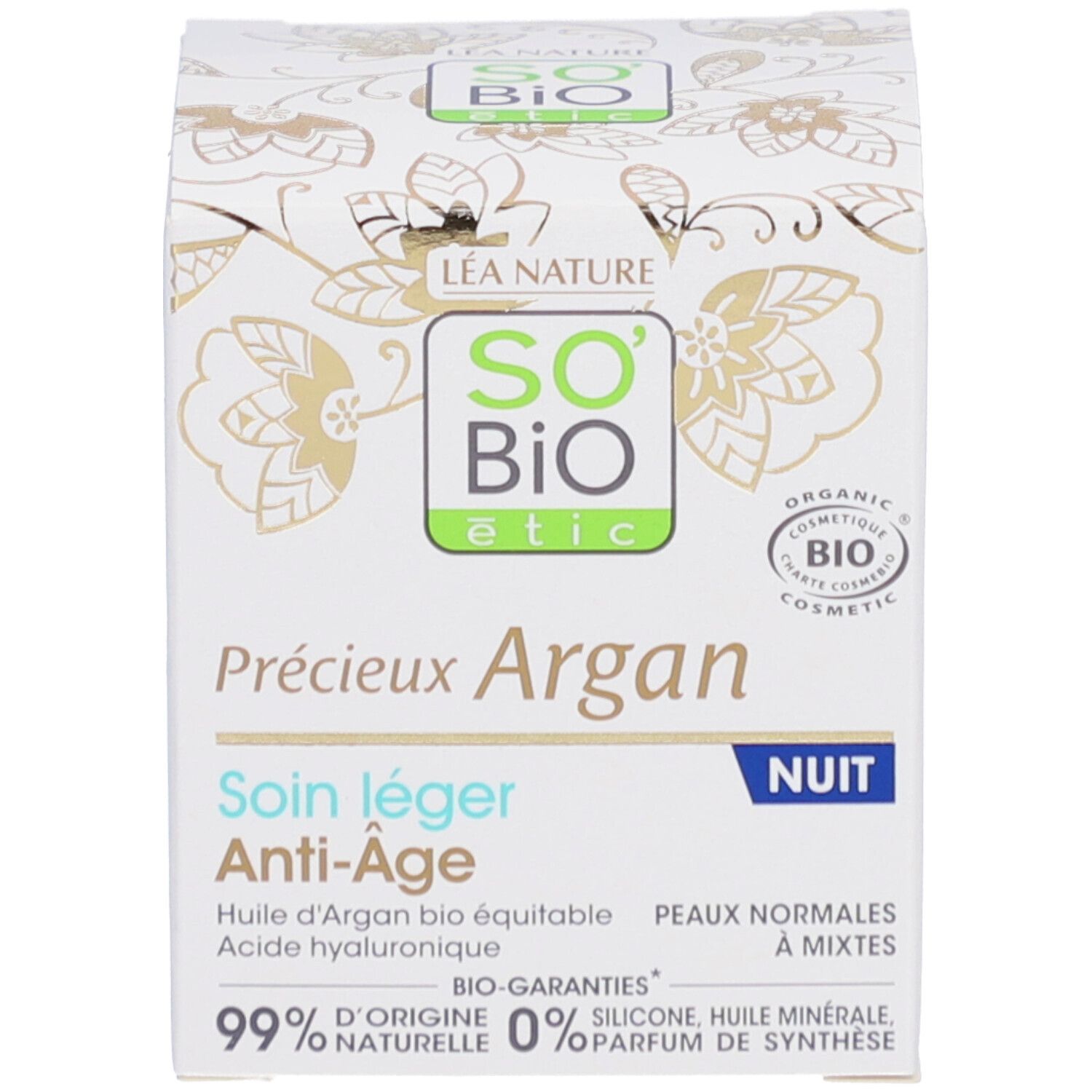 Boîte. Inscription: Précieux Argan, Soin léger Nuit Anti-Âge. Cosmétique bio. 99% naturel.