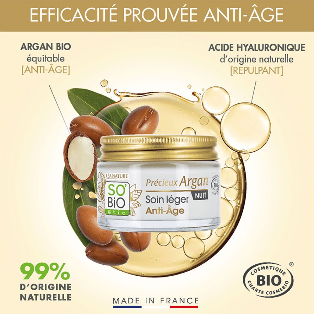 Pot de crème avec huile d'argan et acide hyaluronique. Texte : Précieux Argan, Soin léger Nuit Anti-Âge. Logo SO'BiO étic.