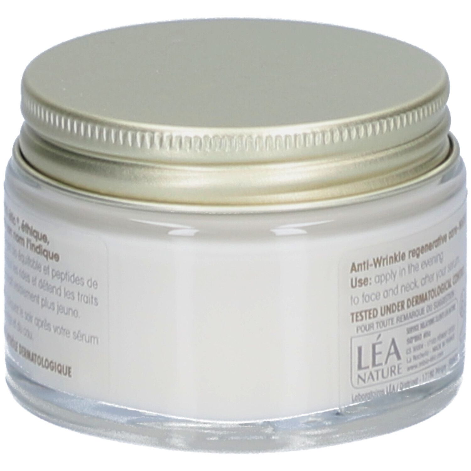 Crèmepot met gouden deksel. Achteraanzicht. Tekst: Anti-rimpel verzorging nacht. Léa Nature. Getest onder dermatologische controle.