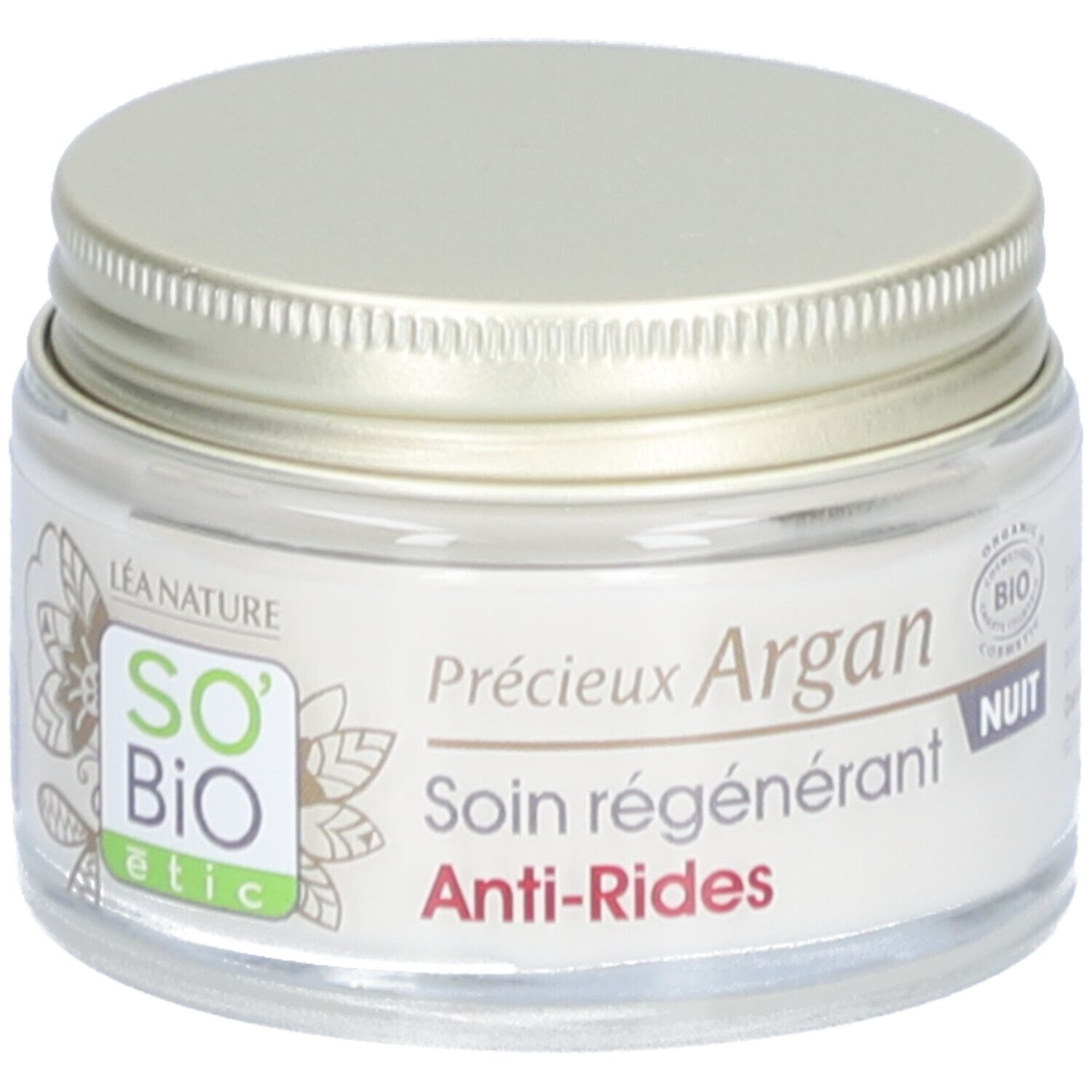 Crèmepot met gouden deksel. Opschrift: SO BIO etic, Léa Nature. Tekst: Précieux Argan, Soin régénérant Anti-Rides Nuit.