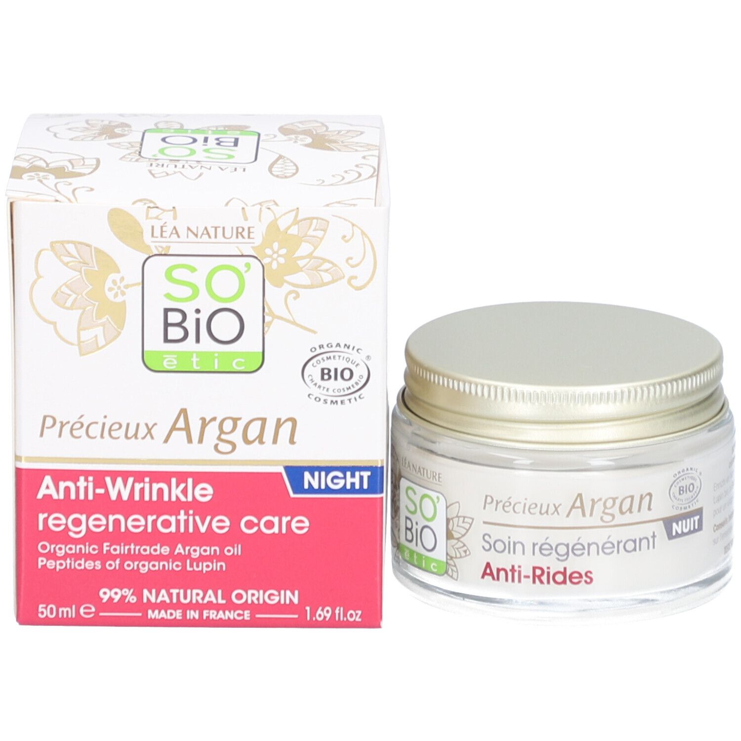 Crèmepot met gouden deksel en doos. Opschrift: SO BIO etic, Léa Nature. Tekst: Précieux Argan, Anti-rimpel verzorging nacht. 50ml.