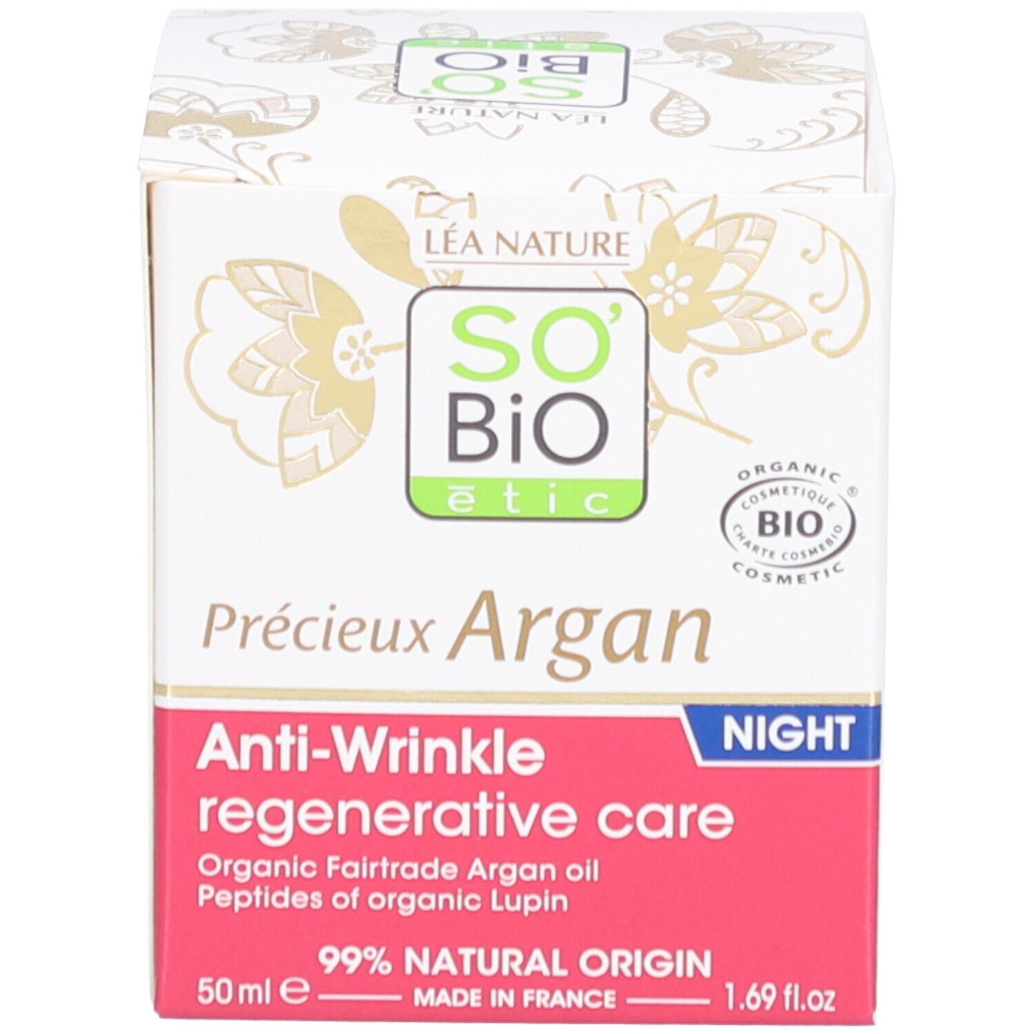 Doos met opschrift: SO BIO etic, Léa Nature. Tekst: Précieux Argan, Anti-rimpel verzorging nacht. 50ml. 99% natuurlijke oorsprong.
