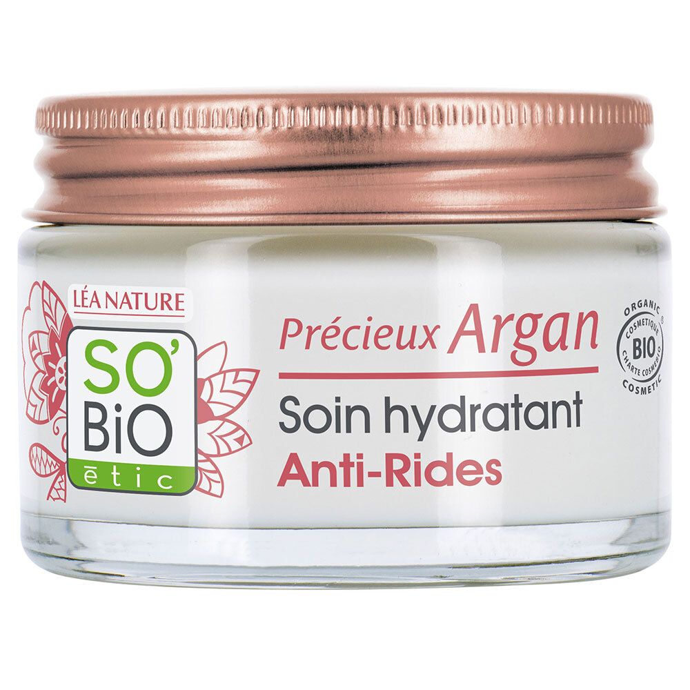 Crèmepot met roze deksel. Opschrift: Précieux Argan, Soin hydratant Anti-Rides. Logo: SO'BiO étic.