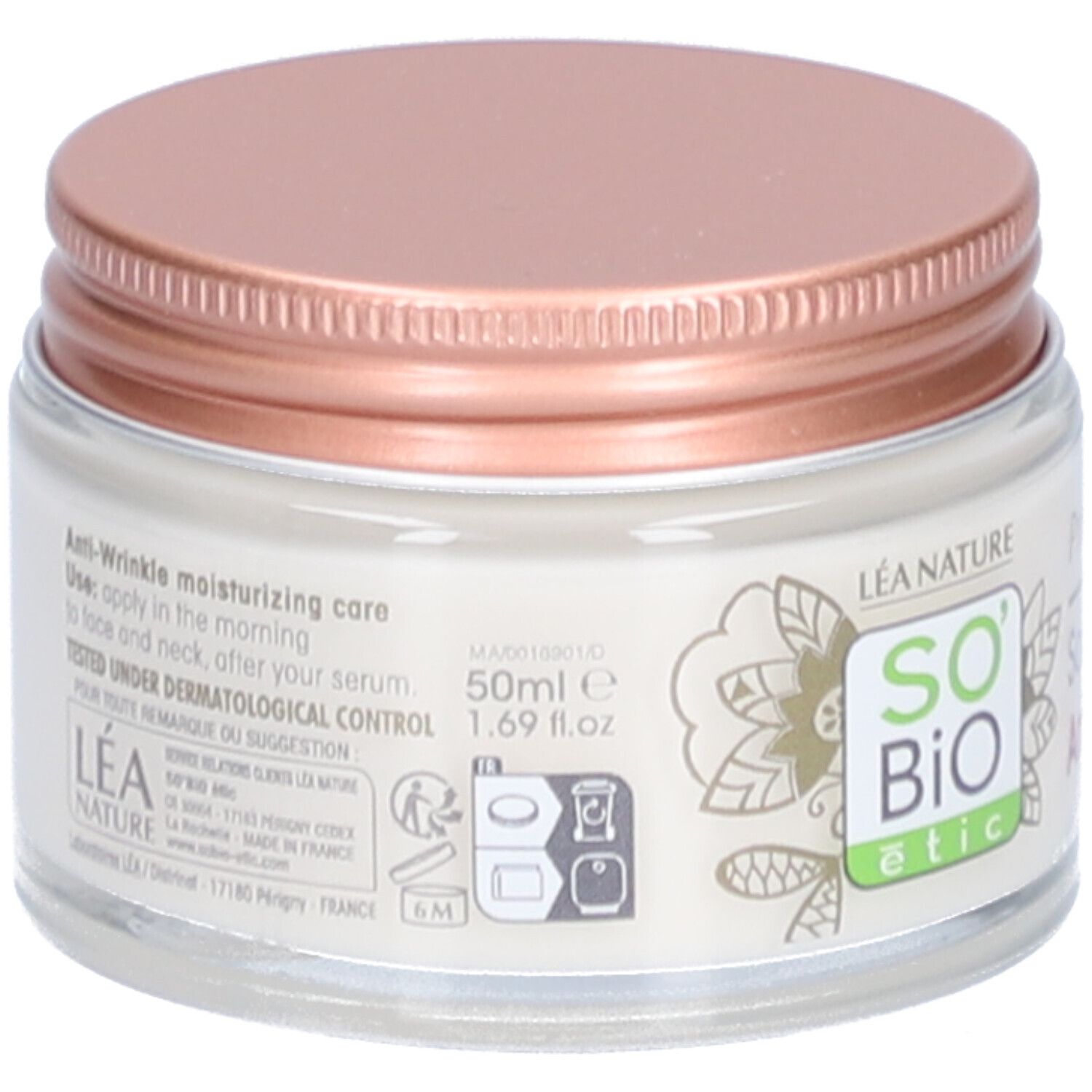 Crèmepotje met roze deksel. Opschrift: SO BIO etic, Anti-Wrinkle moisturizing care. 50ml.