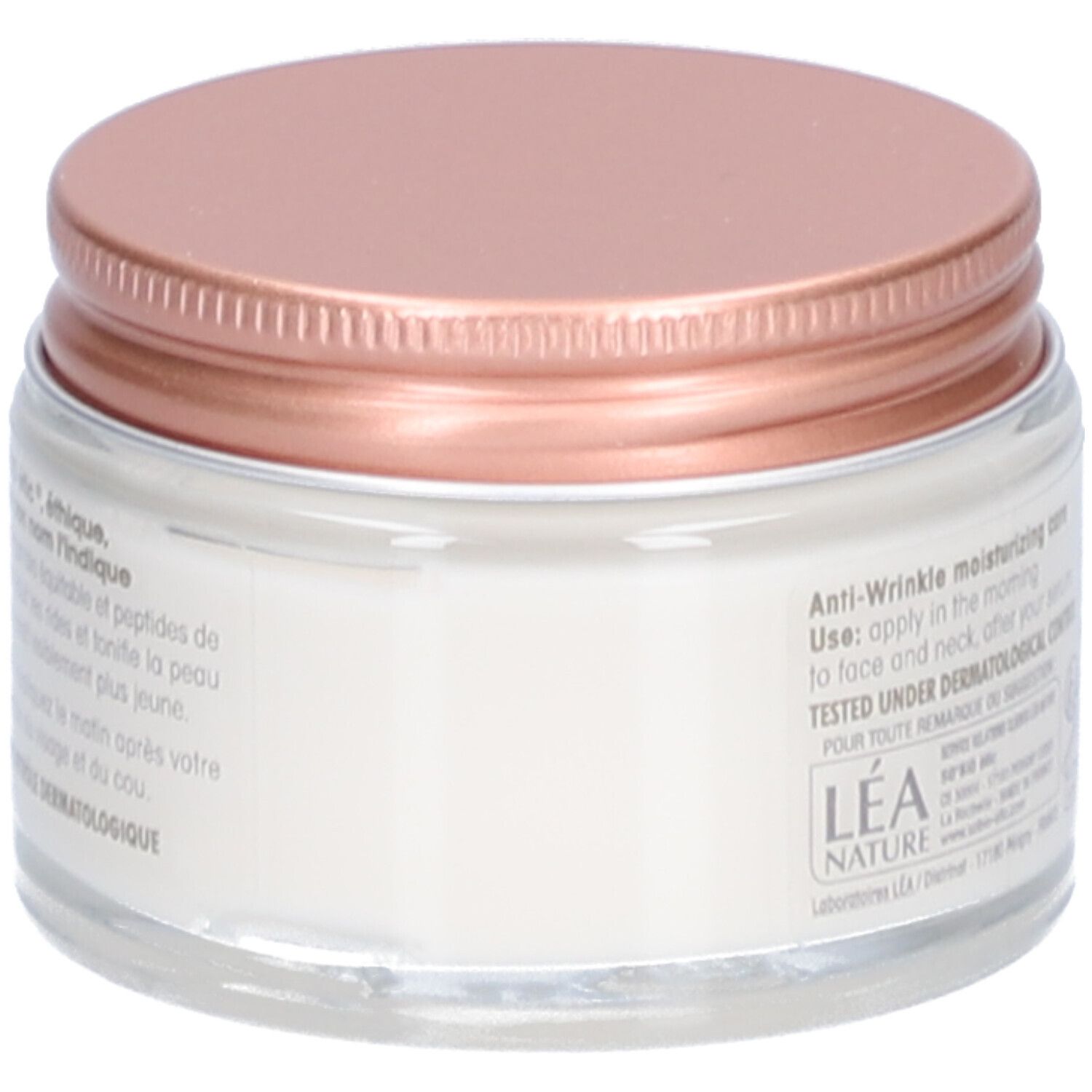 Crèmepotje met roze deksel. Opschrift: Anti-Wrinkle moisturizing care. Getest onder dermatologische controle.