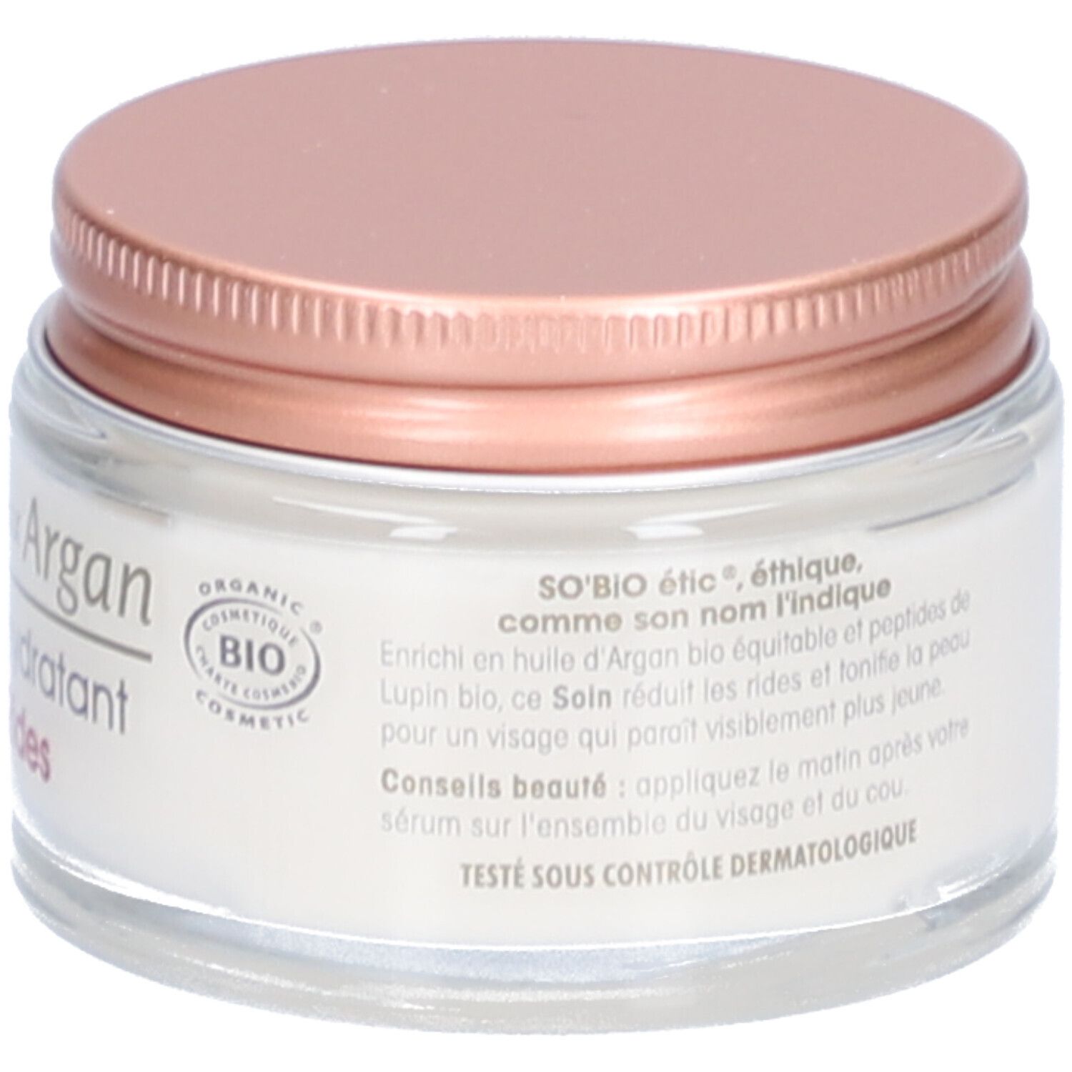 Crèmepotje met roze deksel. Opschrift: Précieux Argan, Soin hydratant Anti-Rides. Bio-certificering.