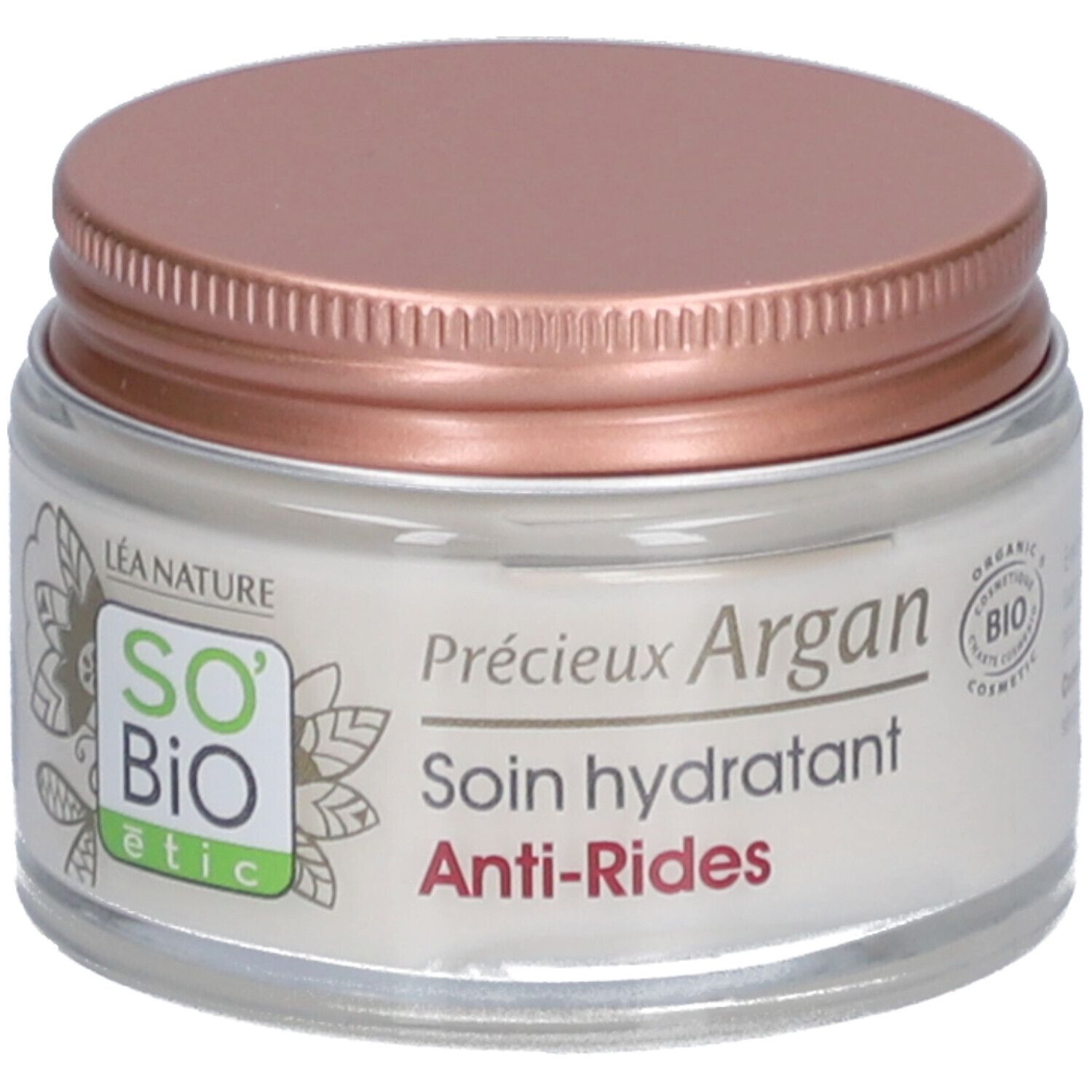 Crèmepotje met roze deksel. Opschrift: Précieux Argan, Soin hydratant Anti-Rides. Bio-certificering.