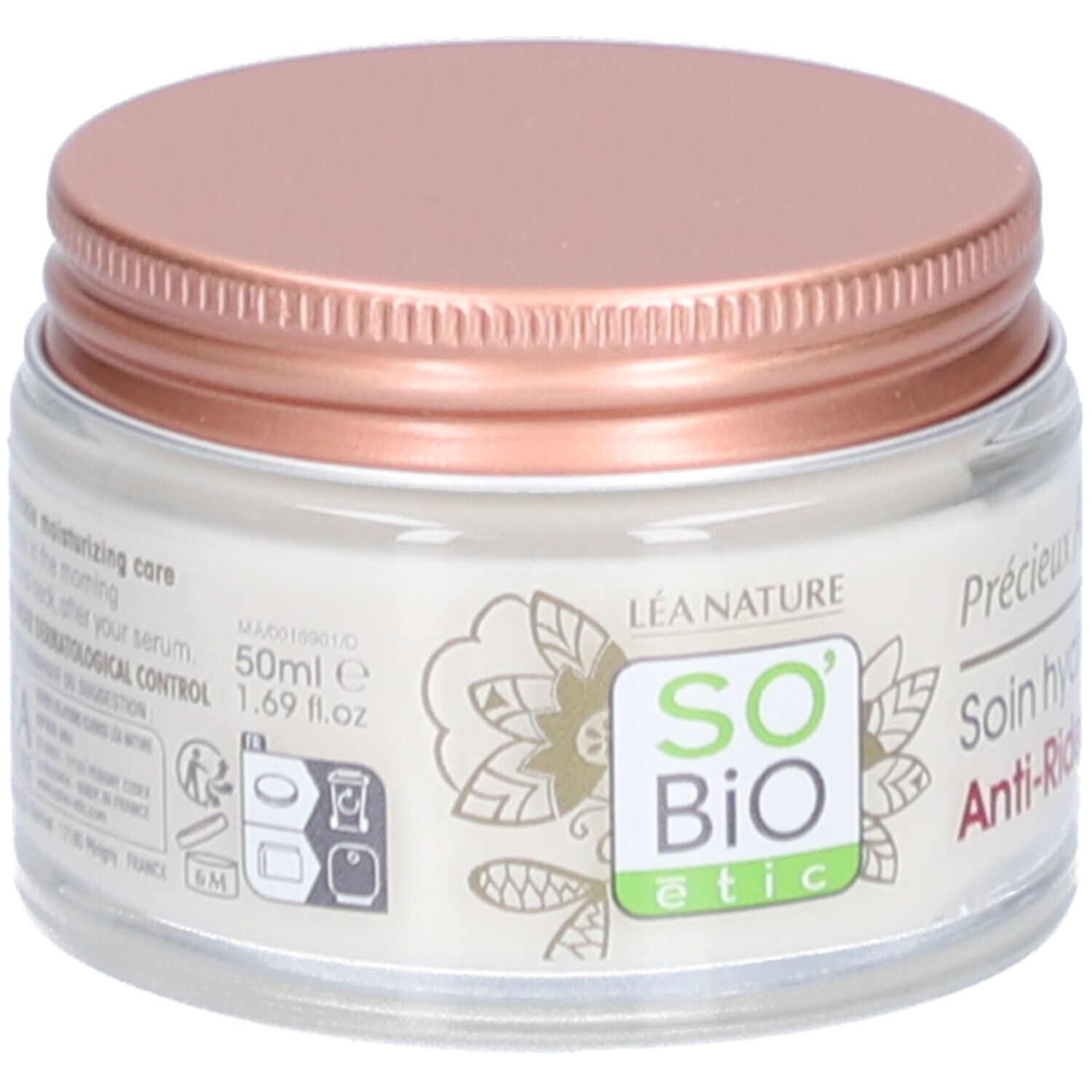 Crèmepotje met roze deksel. Opschrift: SO BIO etic, Précieux, Soin hydratant Anti-Rides. 50ml.