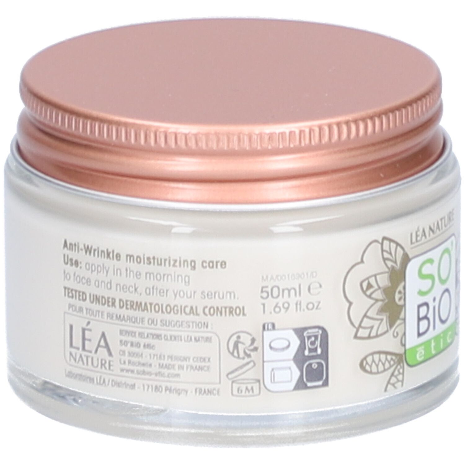 Crèmepotje met roze deksel. Opschrift: Anti-Wrinkle moisturizing care. 50ml. Getest onder dermatologische controle.