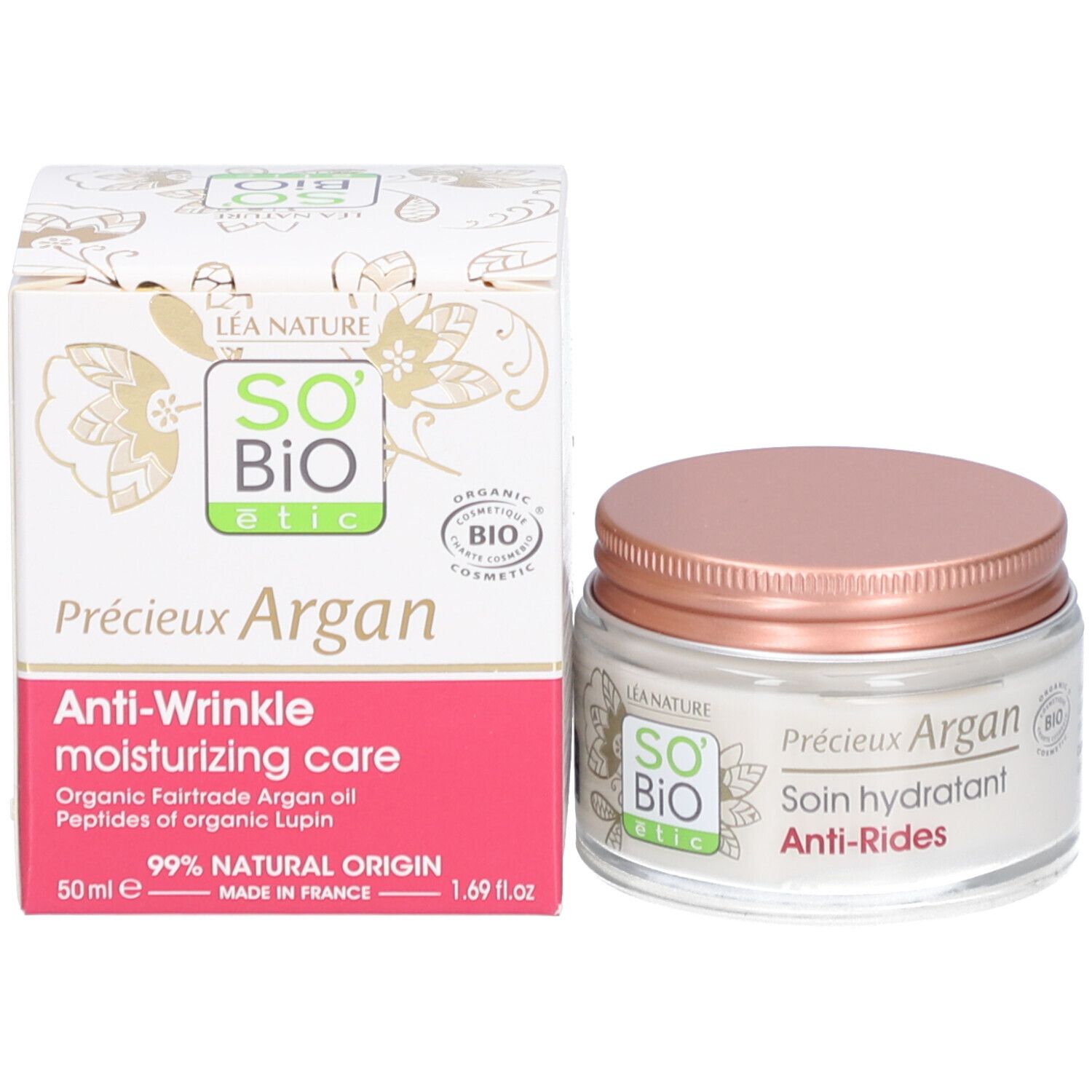 Productverpakking en crèmepotje. Opschrift: Précieux Argan, Anti-Wrinkle moisturizing care. 50ml. Bio-certificering.