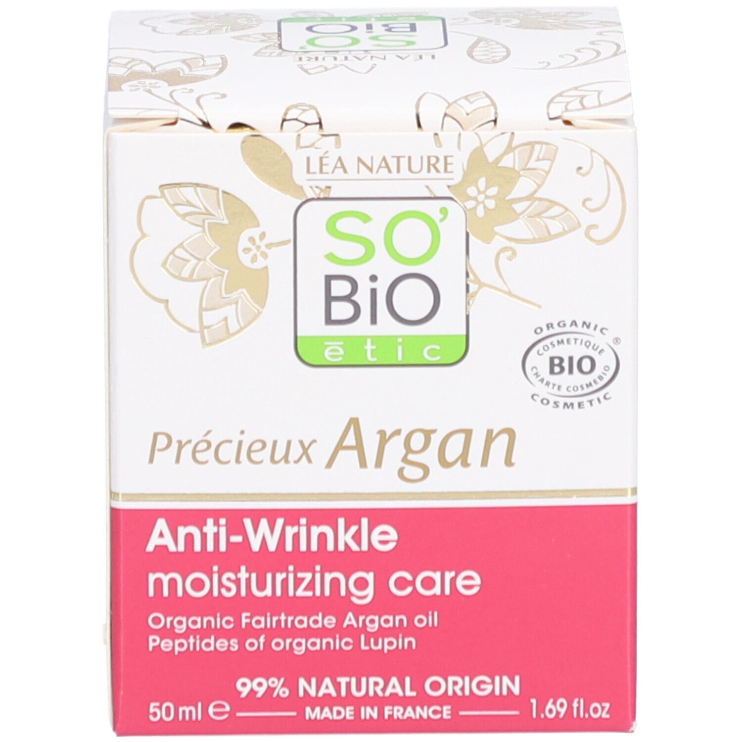 Productverpakking. Opschrift: Précieux Argan, Anti-Wrinkle moisturizing care. 50ml. Bio-certificering.