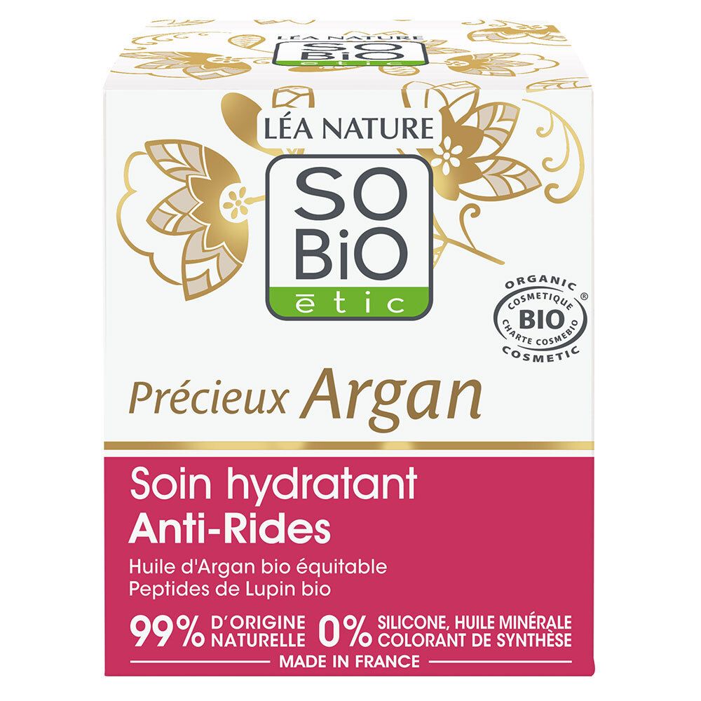 Verpakking met opschrift: Précieux Argan, Soin hydratant Anti-Rides. Logo: SO'BiO étic. Met bio-certificering.