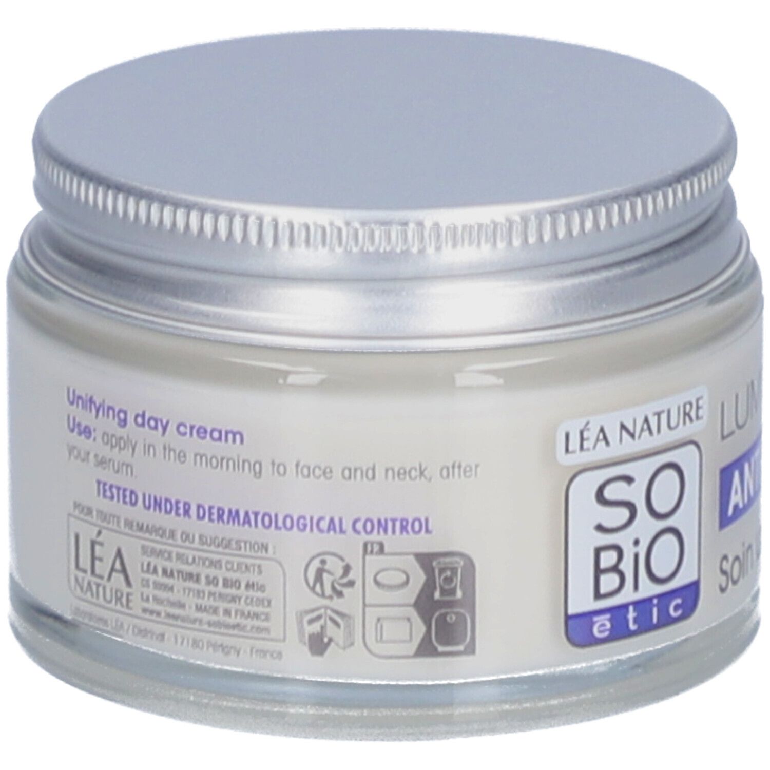 Crèmepot met zilveren deksel. Opschrift: SO BIO etic, Lumi'Lys, Unifying day cream. Getest onder dermatologische controle.