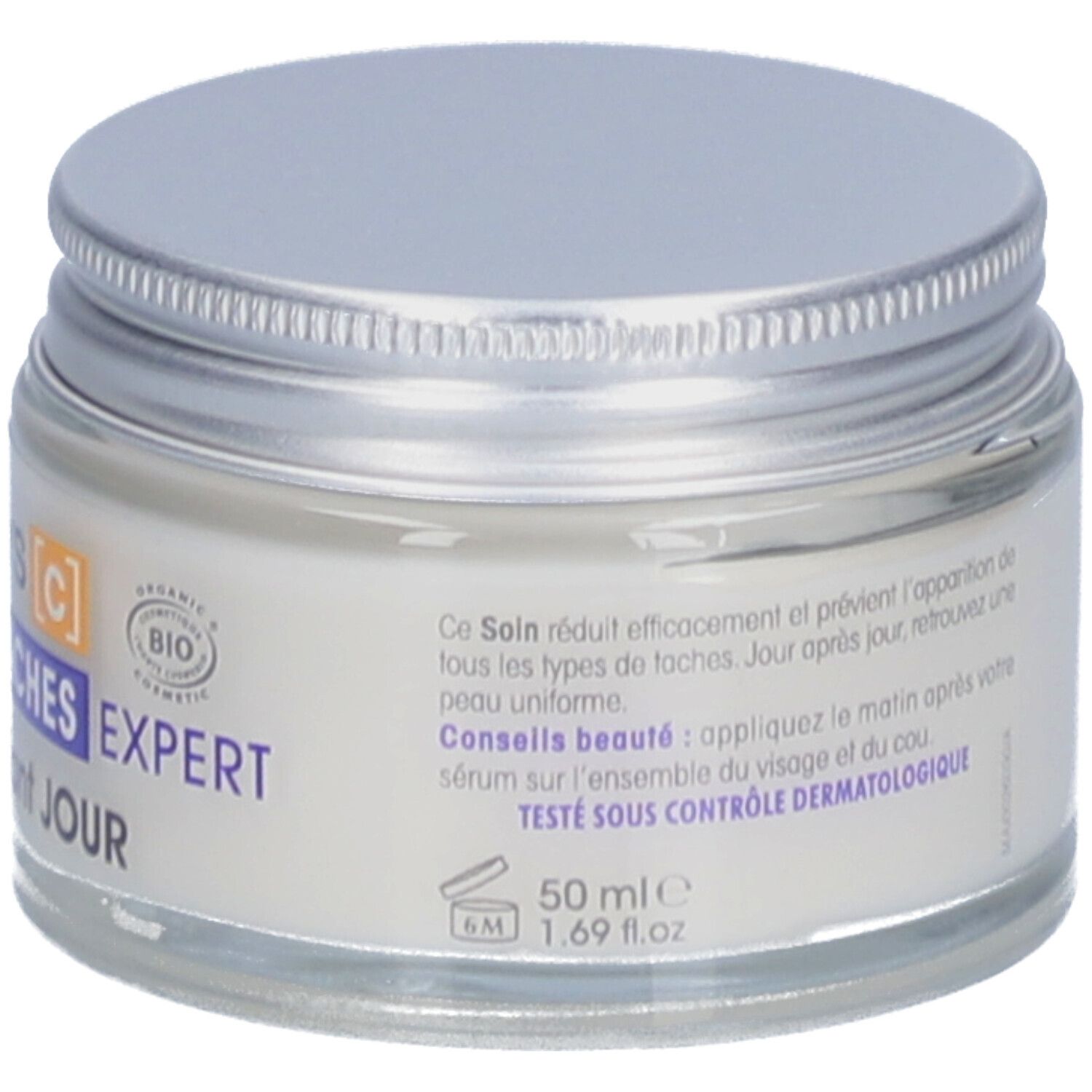 Crèmepot met zilveren deksel. Opschrift: Expert Anti-vlekken Dag. Bio-certificering. 50 ml.