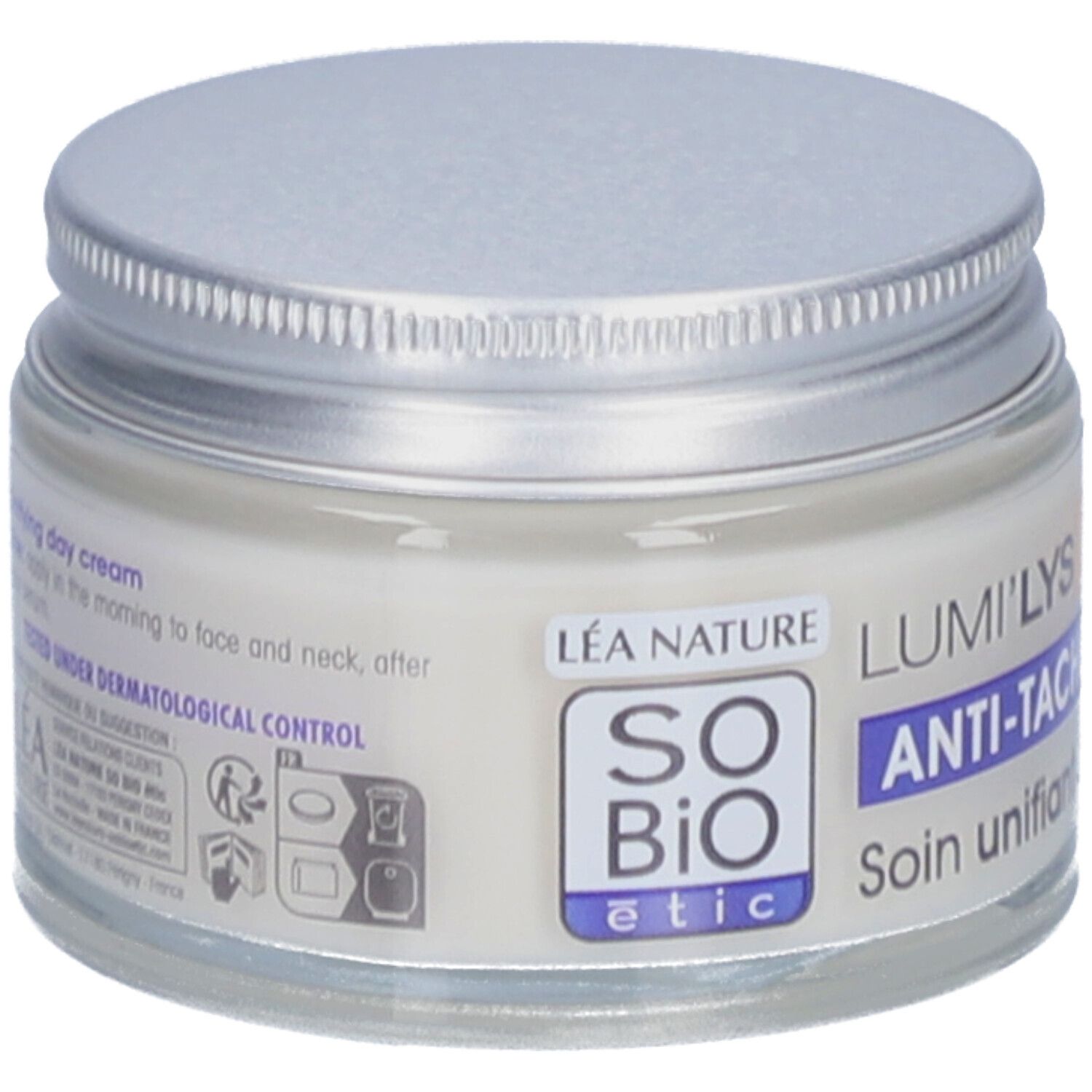 Crèmepot met zilveren deksel. Opschrift: SO BIO etic, Lumi'Lys, Anti-vlekken, Soin unifiant JOUR. Getest onder dermatologische controle.