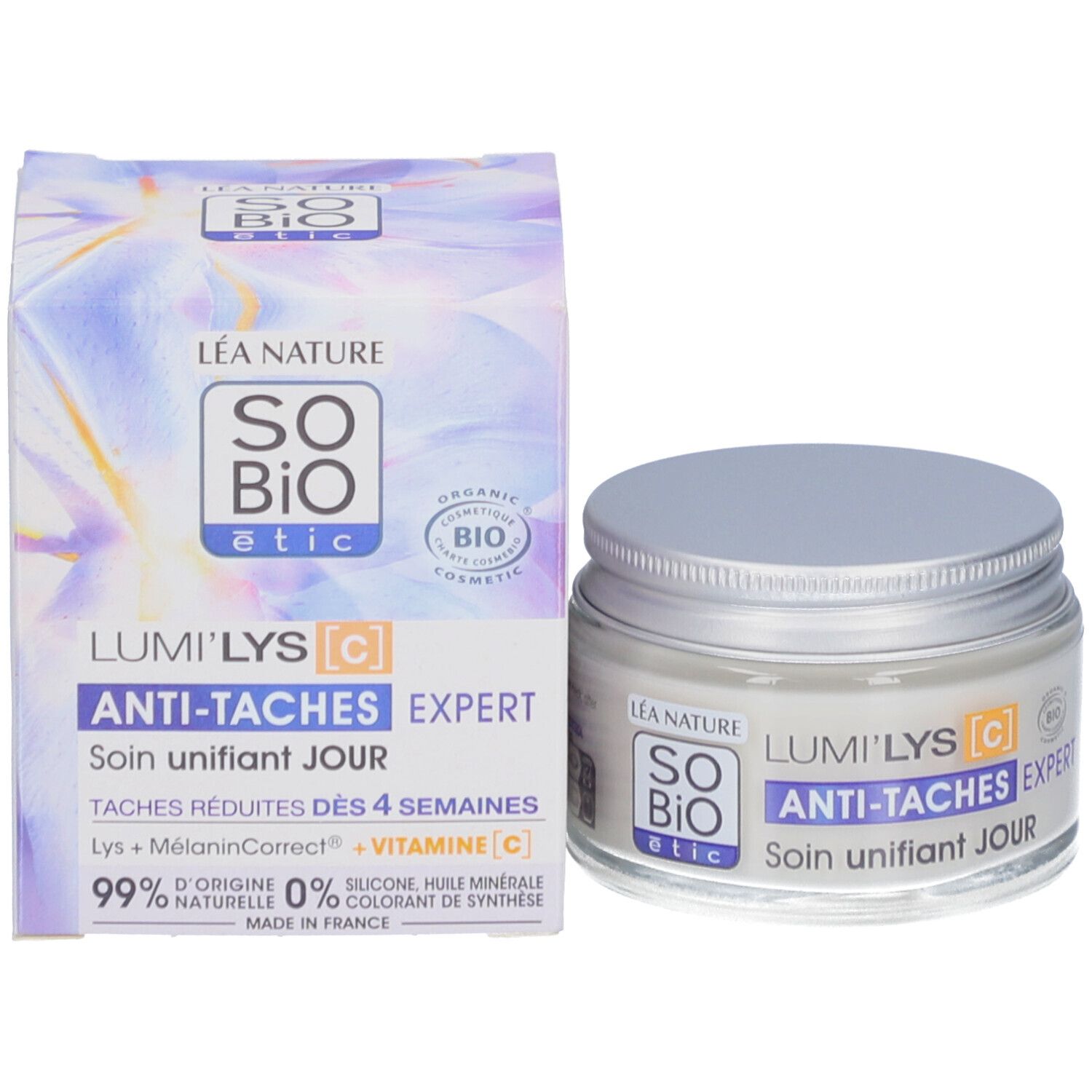 Crèmepot en doos. Opschrift: SO BIO etic, Lumi'Lys, Anti-vlekken Expert, Soin unifiant JOUR. Bio-certificering.