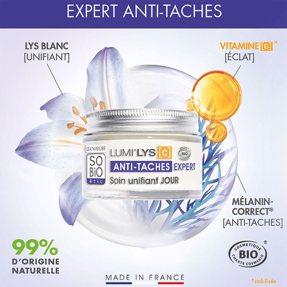 Crèmepotje met zilveren deksel, omringd door illustraties. Opschrift: SO'BiO étic, LUMI'LYS [C] ANTI-TACHES EXPERT. Met vitamine C.