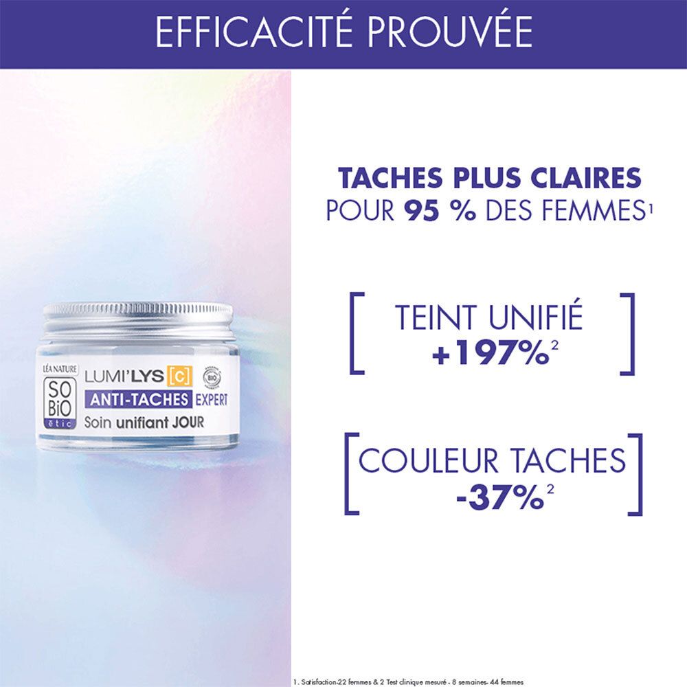 Crèmepotje met zilveren deksel. Tekst: TACHES PLUS CLAIRES POUR 95 % DES FEMMES. Teint unifié +197%. Couleur taches -37%.