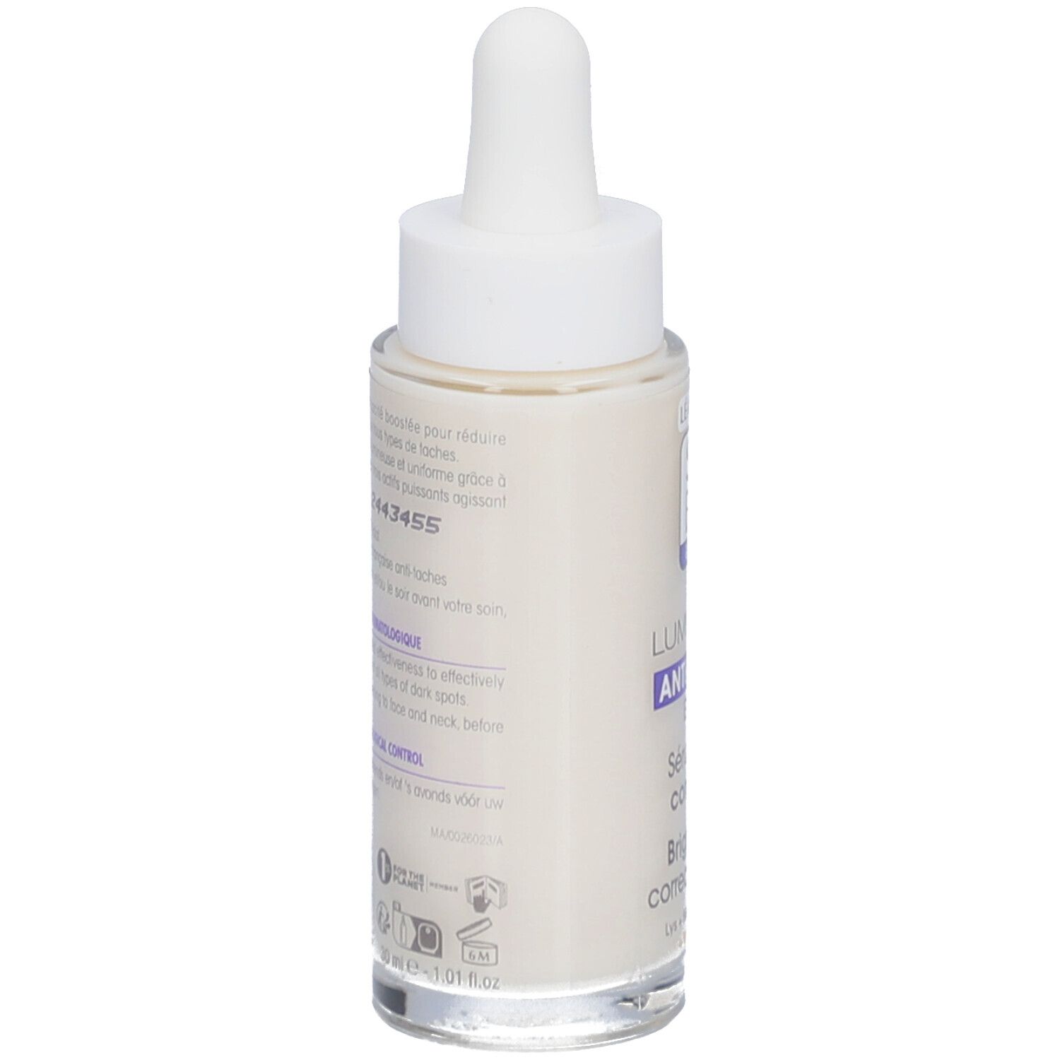 SO BIO ETIC Lumi'Lys serum. Fles met pipet. Opschriften en tekst. Bio-certificering.
