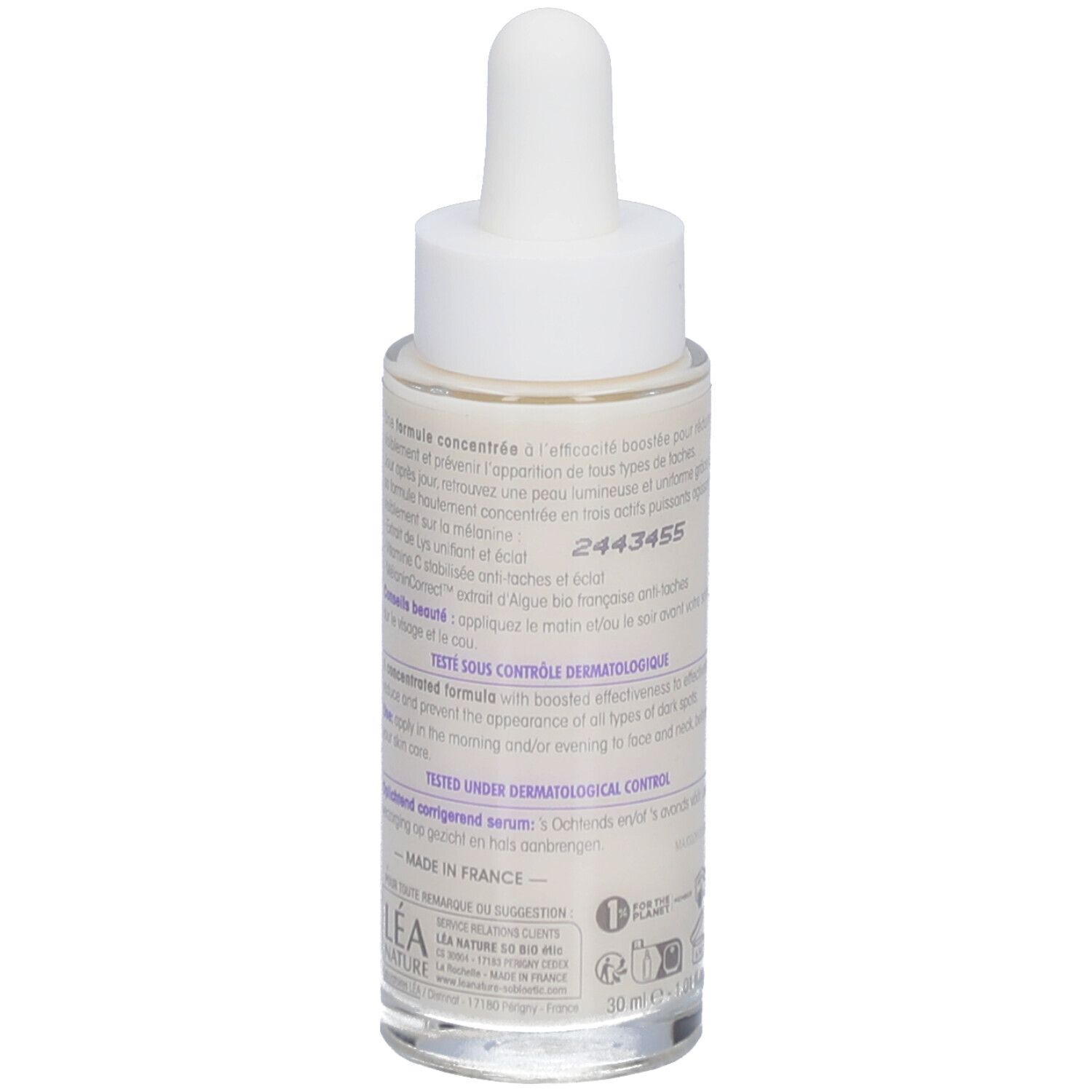 SO BIO ETIC Lumi'Lys serum. Fles met pipet. Tekst en opschriften. Dermatologisch getest.