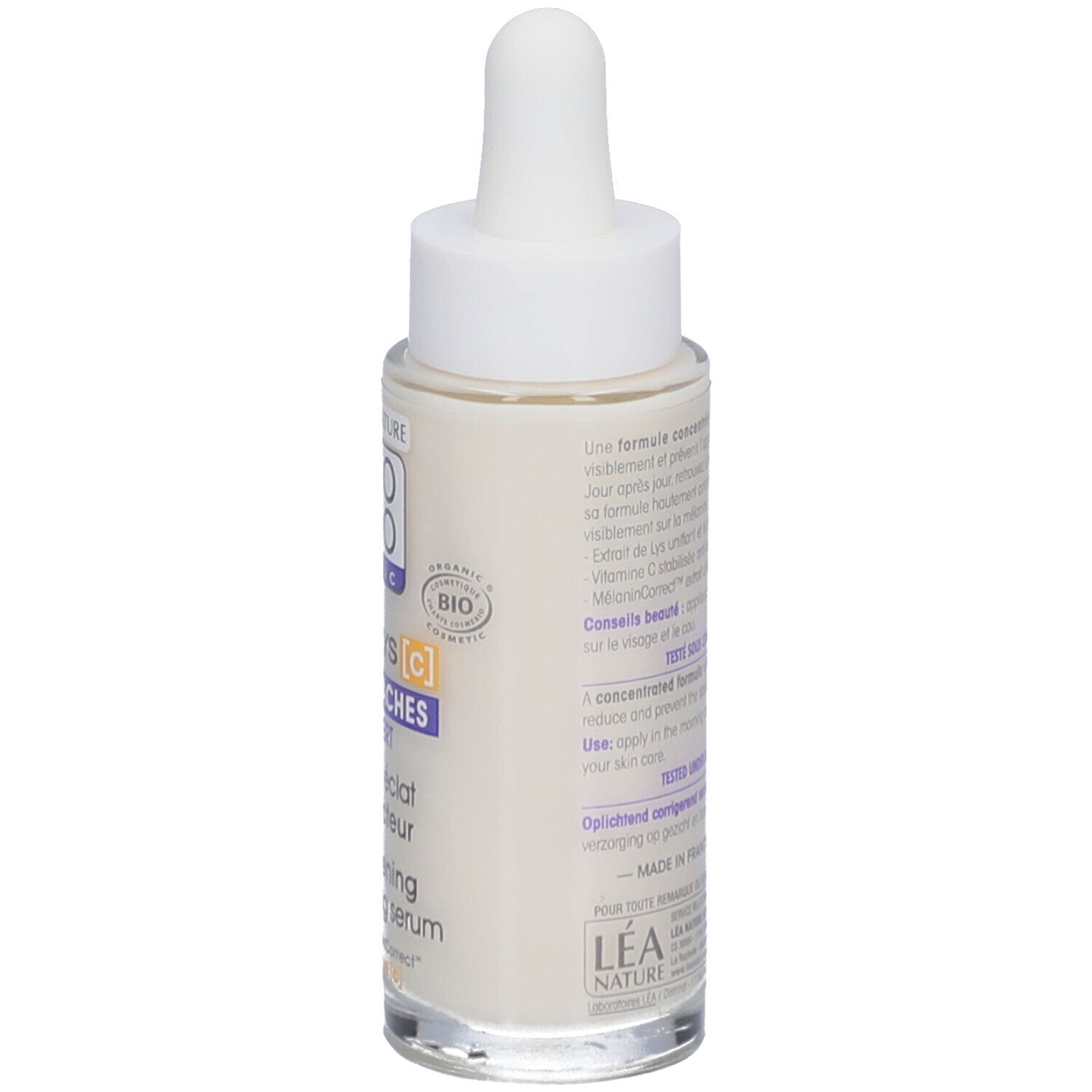 SO BIO ETIC Lumi'Lys serum. Fles met pipet. Tekst en opschriften. Bio-certificering.