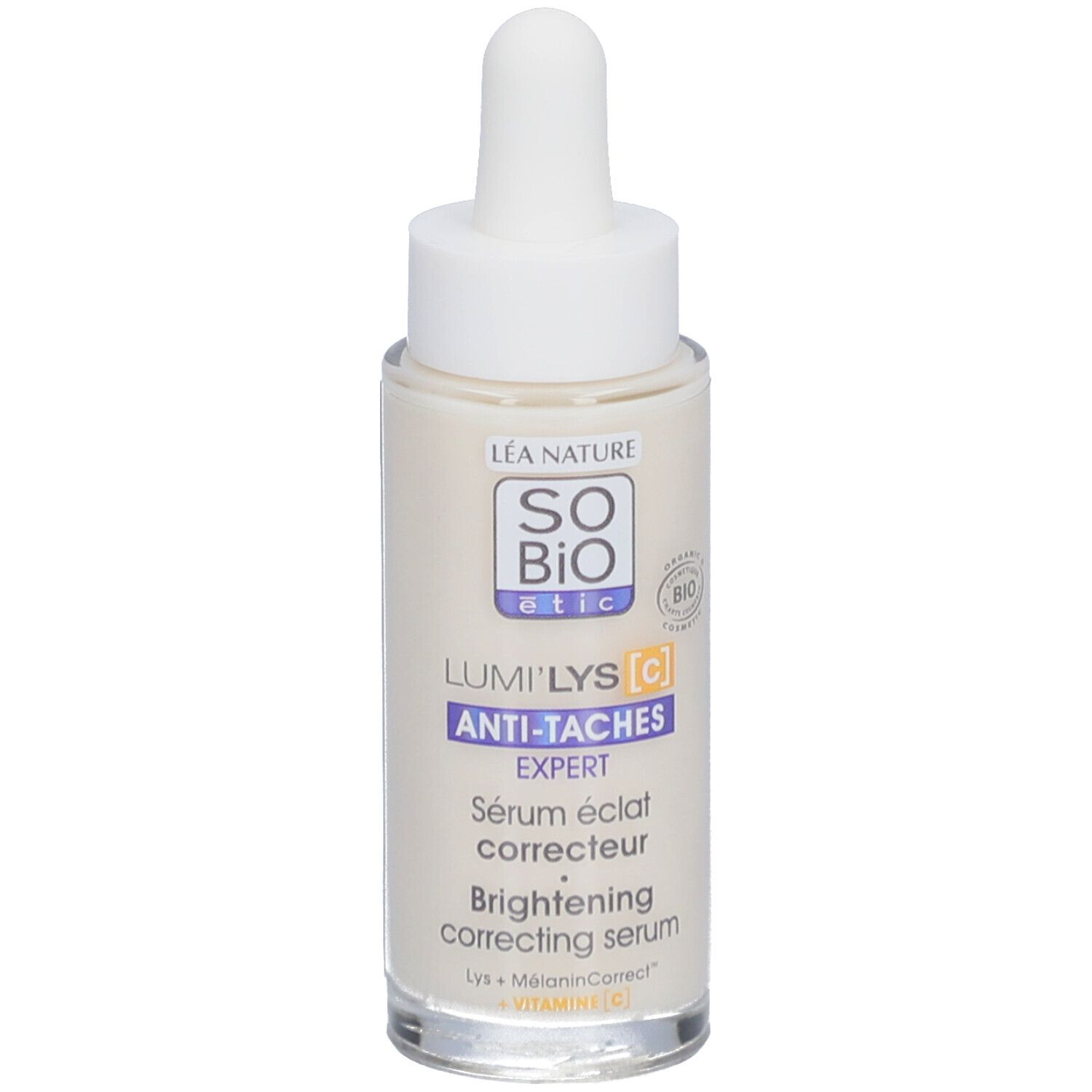 SO BIO ETIC Lumi'Lys serum. Fles met pipet. Productnaam en logo. Bio-certificering.