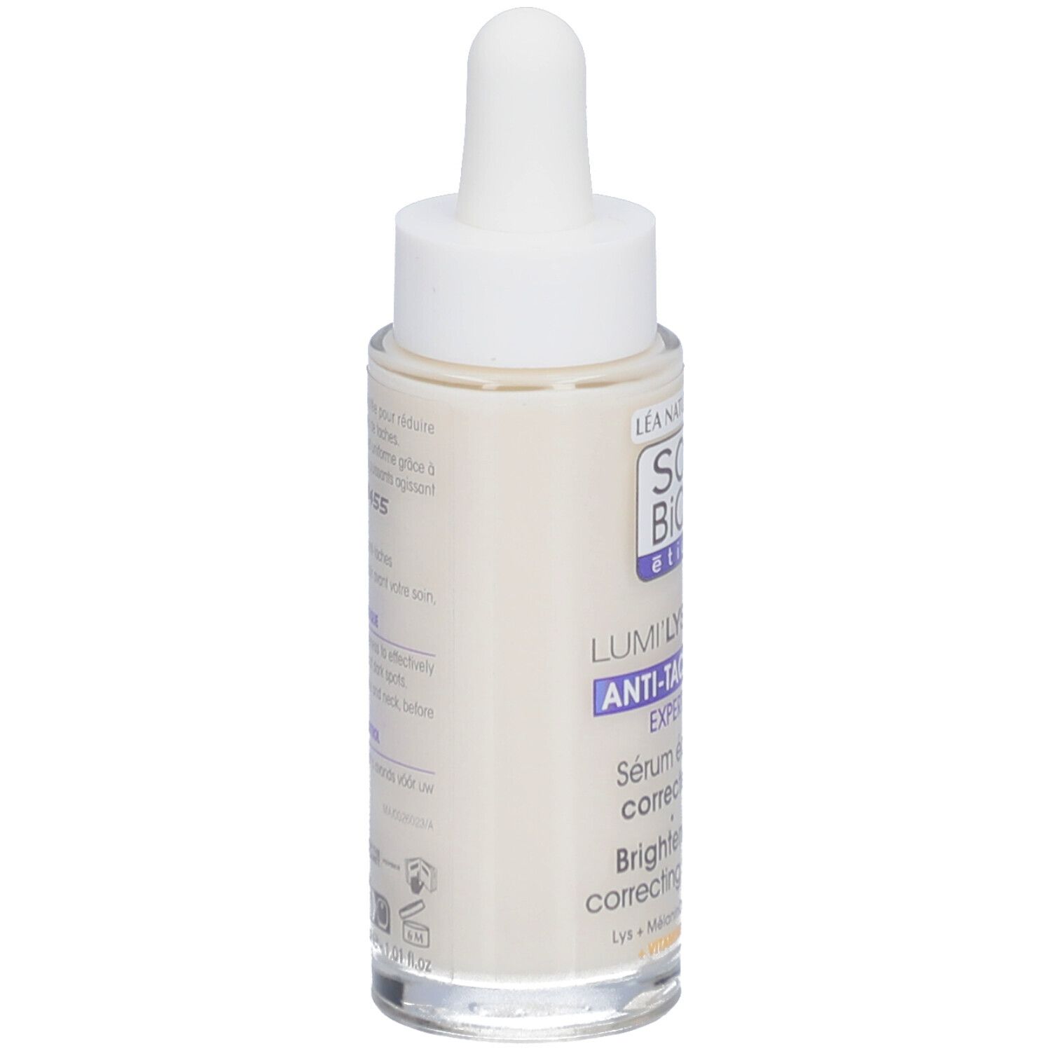 SO BIO ETIC Lumi'Lys serum. Fles met pipet. Productnaam en logo. Bio-certificering.