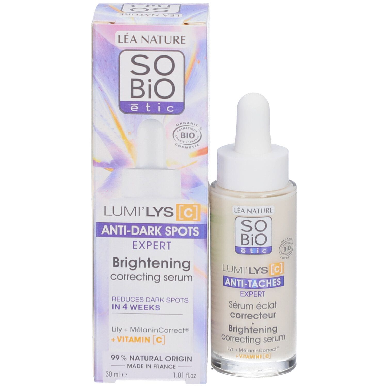 SO BIO ETIC Lumi'Lys serum en verpakking. Fles met pipet en doos. Bio-certificering.