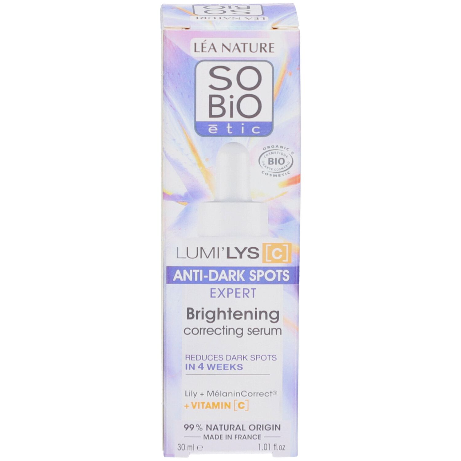 SO BIO ETIC Lumi'Lys serum en verpakking. Doos met product. Bio-certificering.