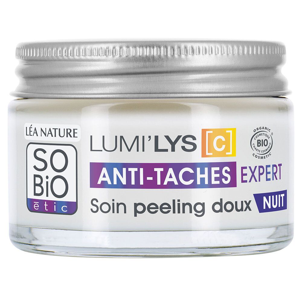 Pot de crème avec couvercle argenté. Inscriptions: SO'BiO étic, LUMI'LYS [C], ANTI-TACHES EXPERT, Soin peeling doux NUIT. Label bio.