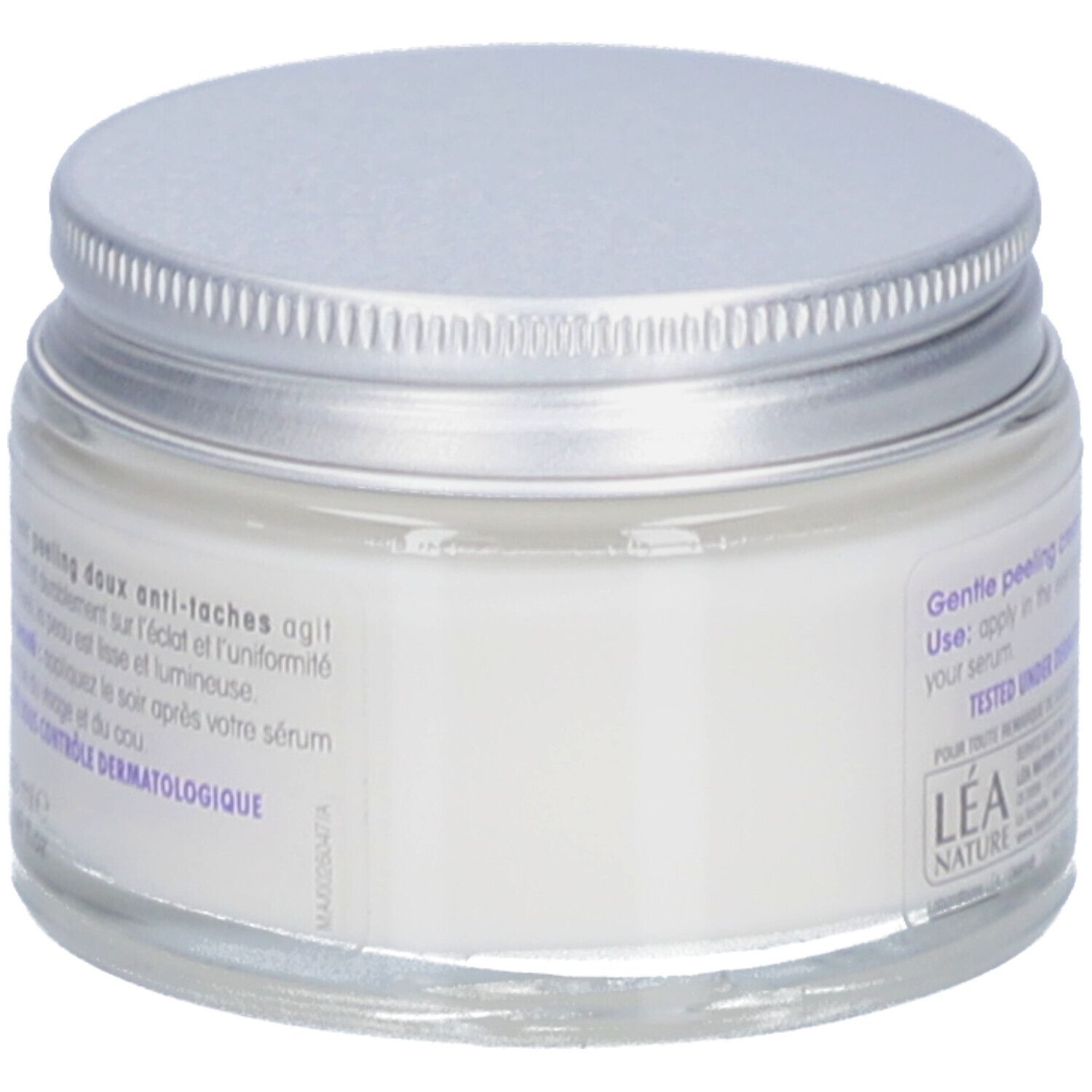 Crème in pot met zilveren deksel. Opschrift: SO BIO étic, Gentle peeling cream - NIGHT. Getest onder dermatologische controle.