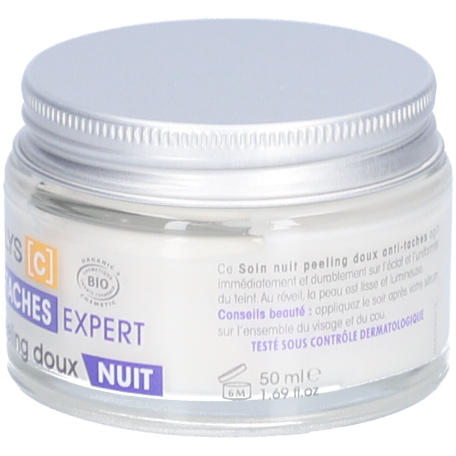 Crème in pot met zilveren deksel. Opschrift: Lumi'Lys Anti-Taches Expert Nuit, 50 ml. Met bio-certificering.
