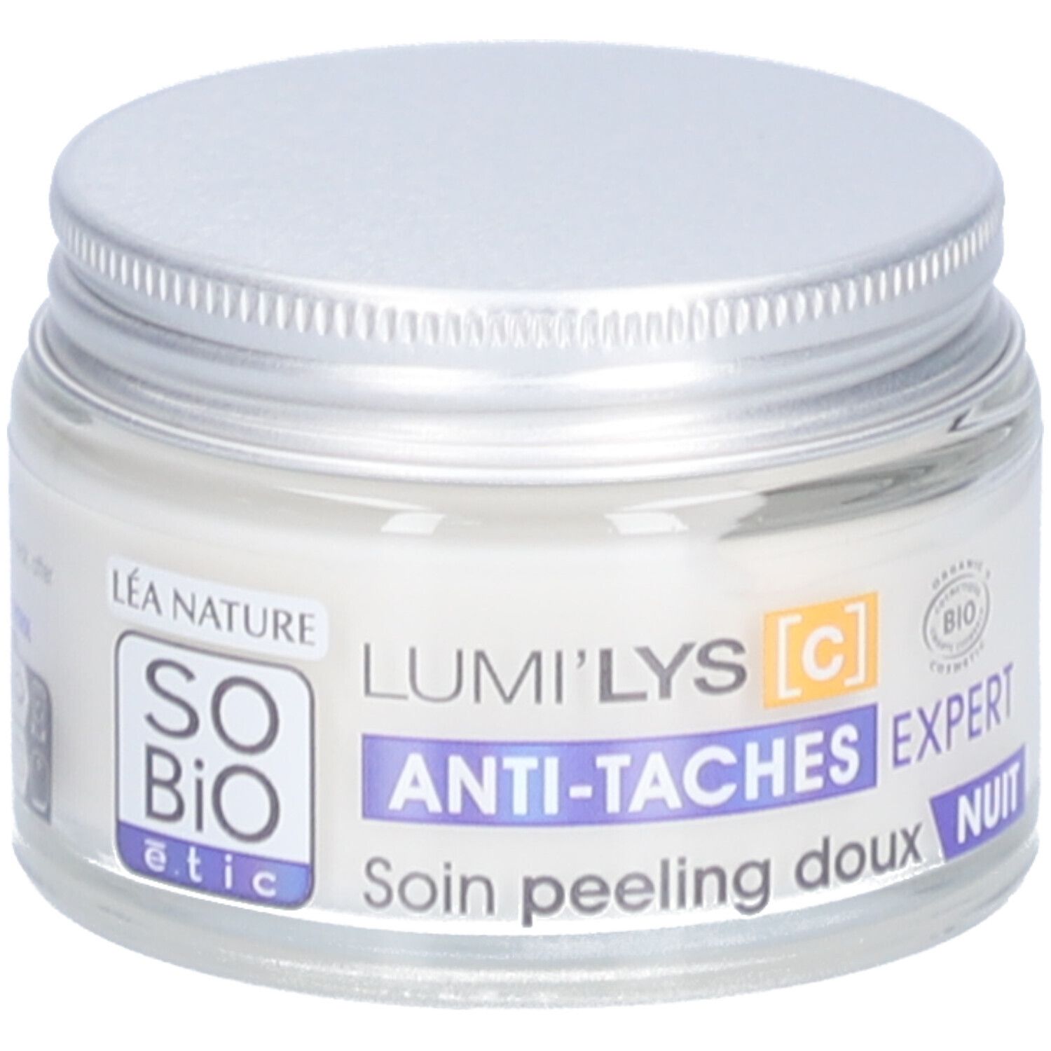 Crème in pot met zilveren deksel. Opschrift: Lumi'Lys Anti-Taches Expert Nuit. Met bio-certificering.