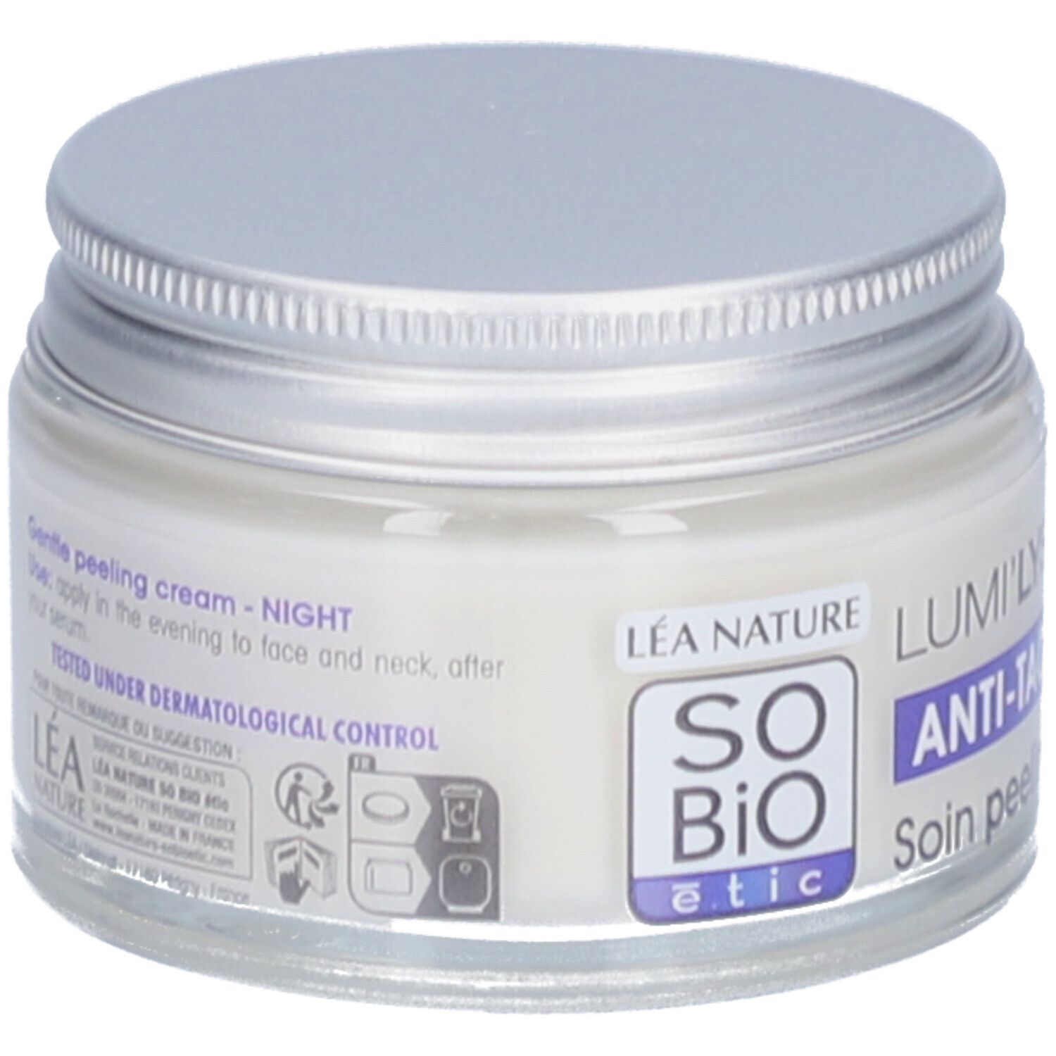 Crème in pot met zilveren deksel. Opschrift: SO BIO étic, Lumi'Lys Anti-Taches Expert Nuit. Getest onder dermatologische controle.