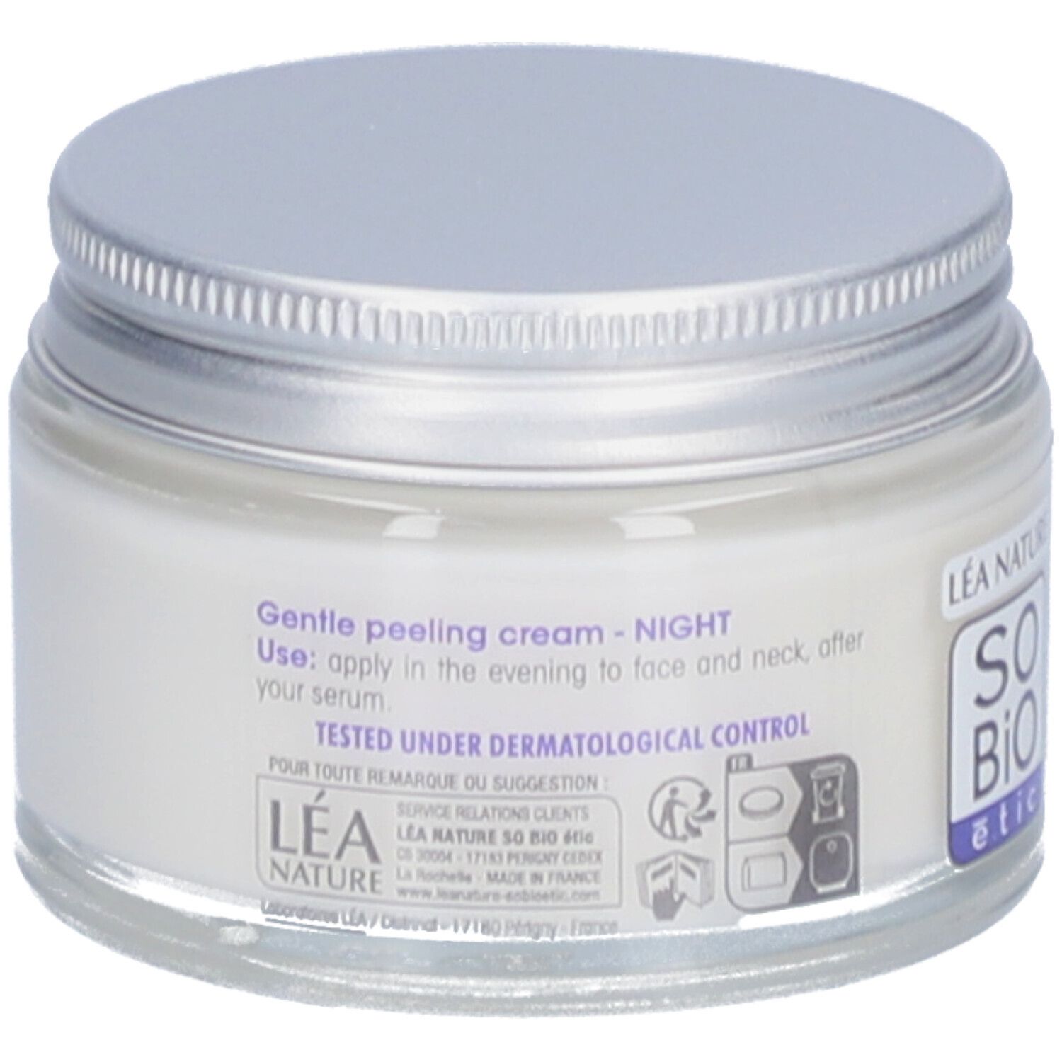 Crème in pot met zilveren deksel. Opschrift: SO BIO étic, Gentle peeling cream - NIGHT. Getest onder dermatologische controle.