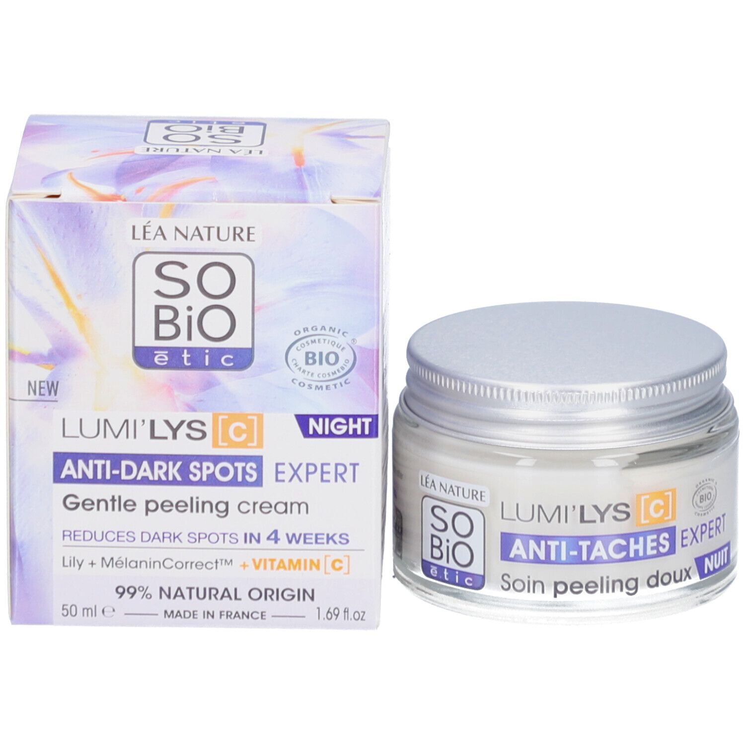 Verpakking en crème pot. Opschrift: SO BIO étic, Lumi'Lys Anti-Taches Expert Nuit, 50 ml. 99% natuurlijke oorsprong.