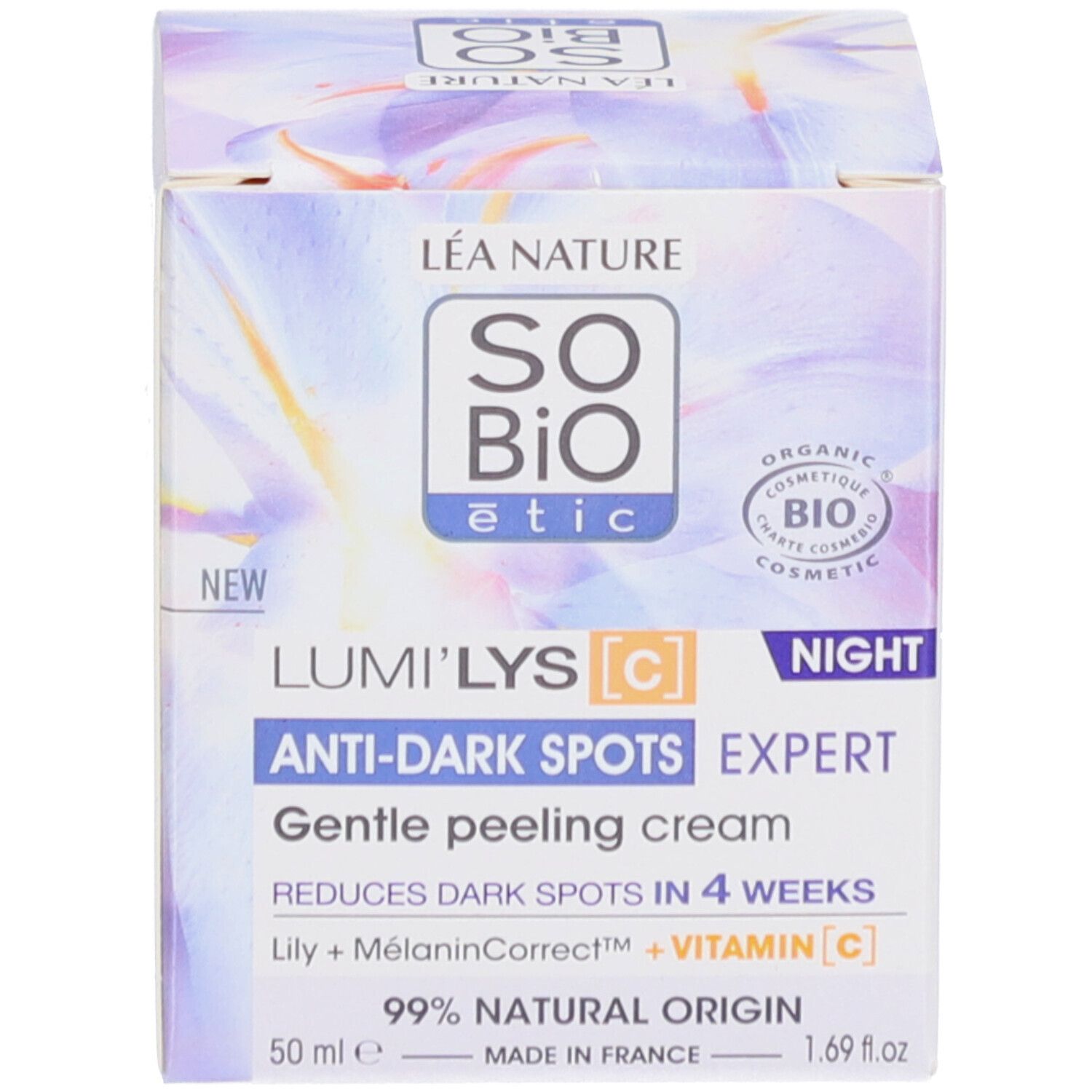 Verpakking. Opschrift: SO BIO étic, Lumi'Lys Anti-Taches Expert Nuit, 50 ml. 99% natuurlijke oorsprong.