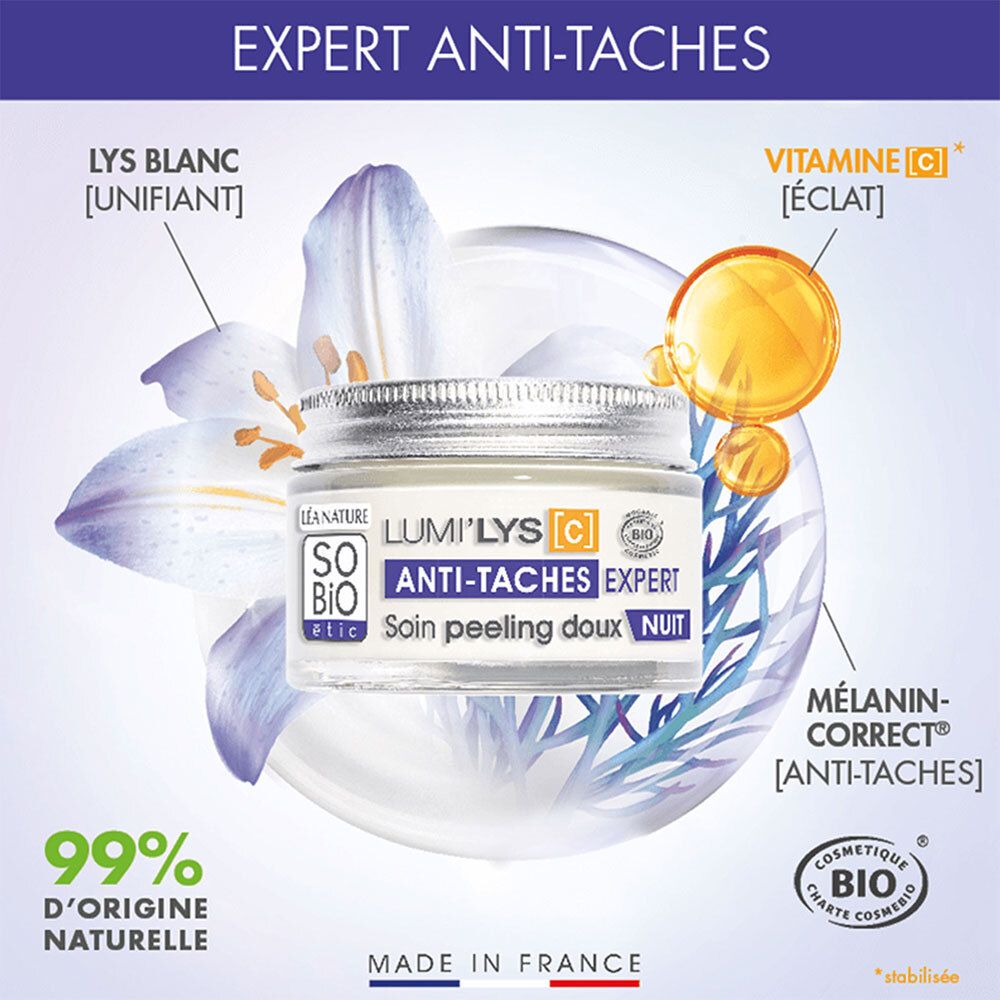 Pot de crème avec couvercle argenté. Inscriptions: SO'BiO étic, LUMI'LYS [C], ANTI-TACHES EXPERT, Soin peeling doux NUIT. Label bio. Illustrations.