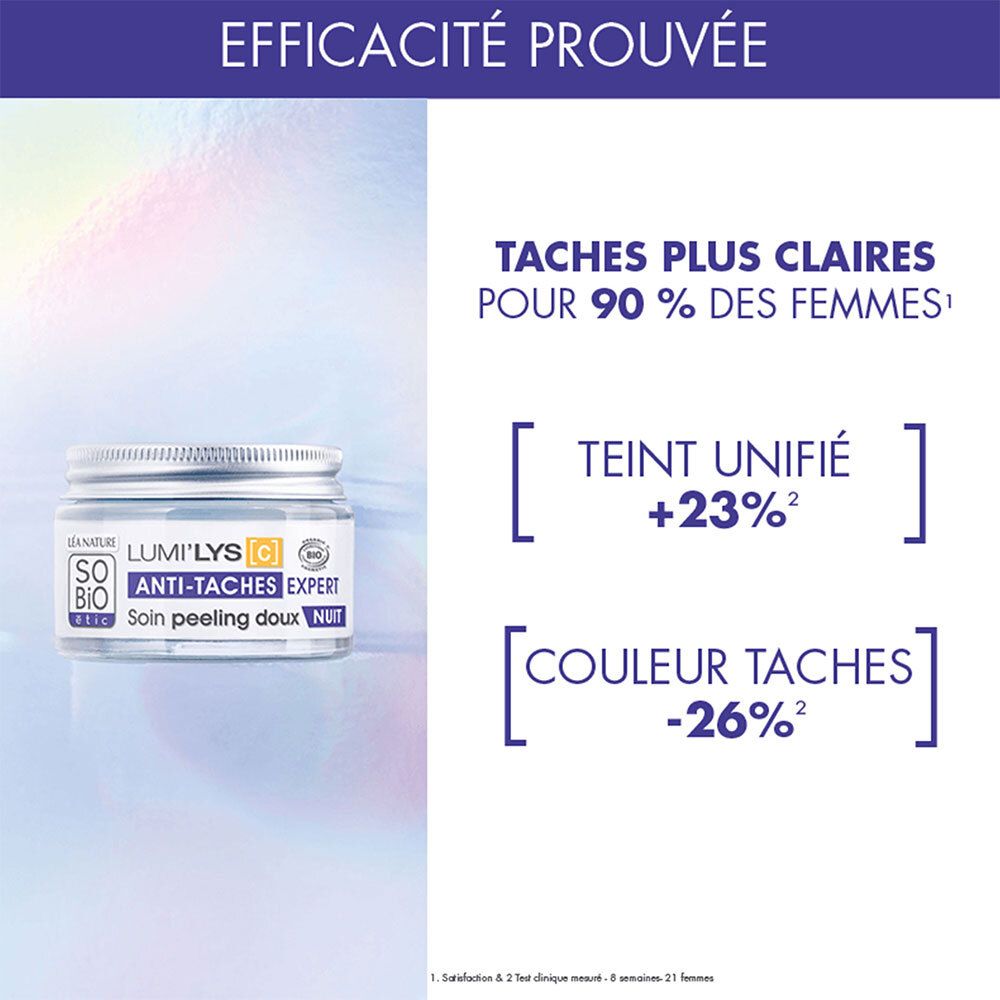 Pot de crème. Inscriptions: SO'BiO étic, LUMI'LYS [C], ANTI-TACHES EXPERT, Soin peeling doux NUIT. Texte: Taches plus claires pour 90% des femmes.