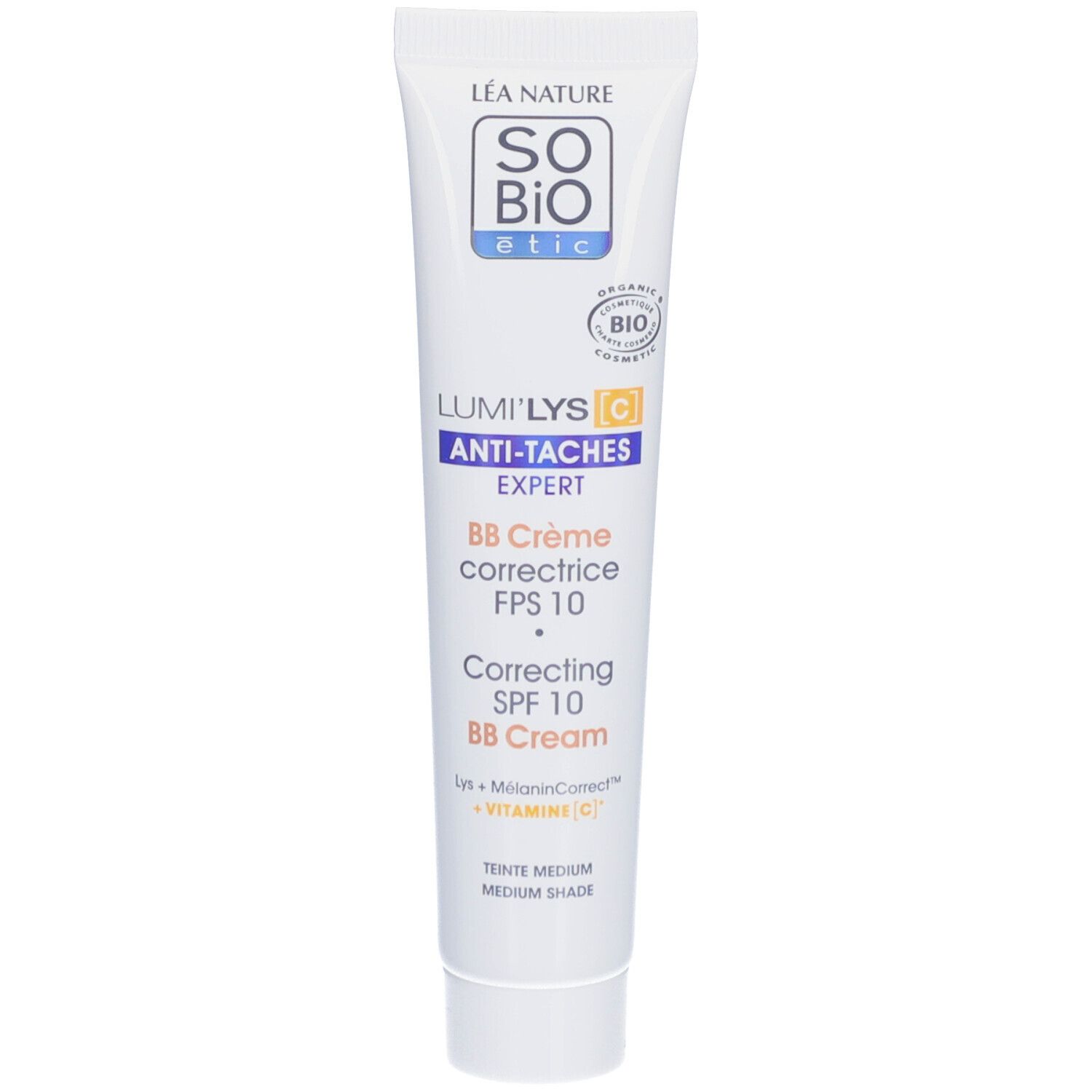 Tube blanc SO BIO ETIC Lumi'Lys BB Crème. Texte français. Label bio. BB Crème correctrice FPS 10.