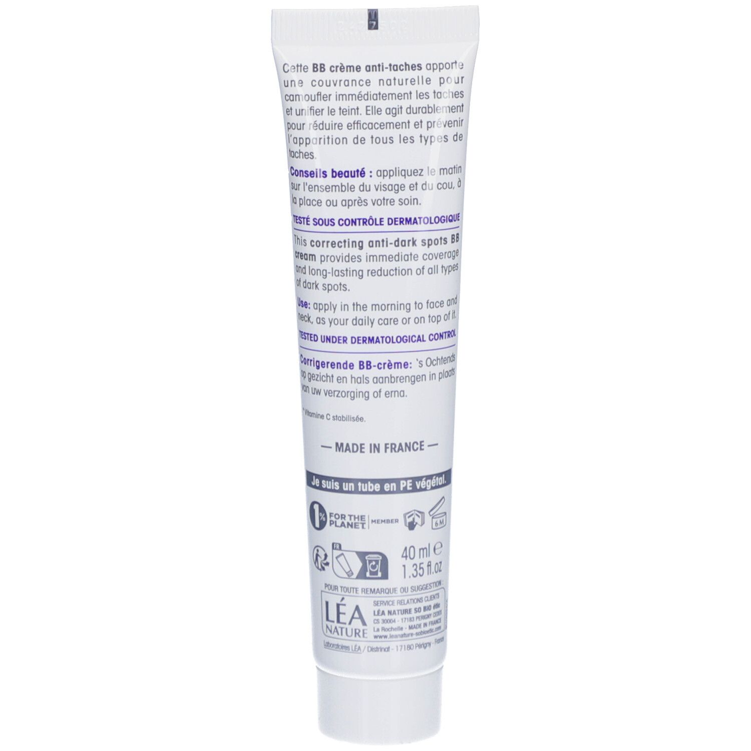 Dos du tube blanc SO BIO ETIC Lumi'Lys BB Crème. Texte français. Ingrédients, conseils d'utilisation.