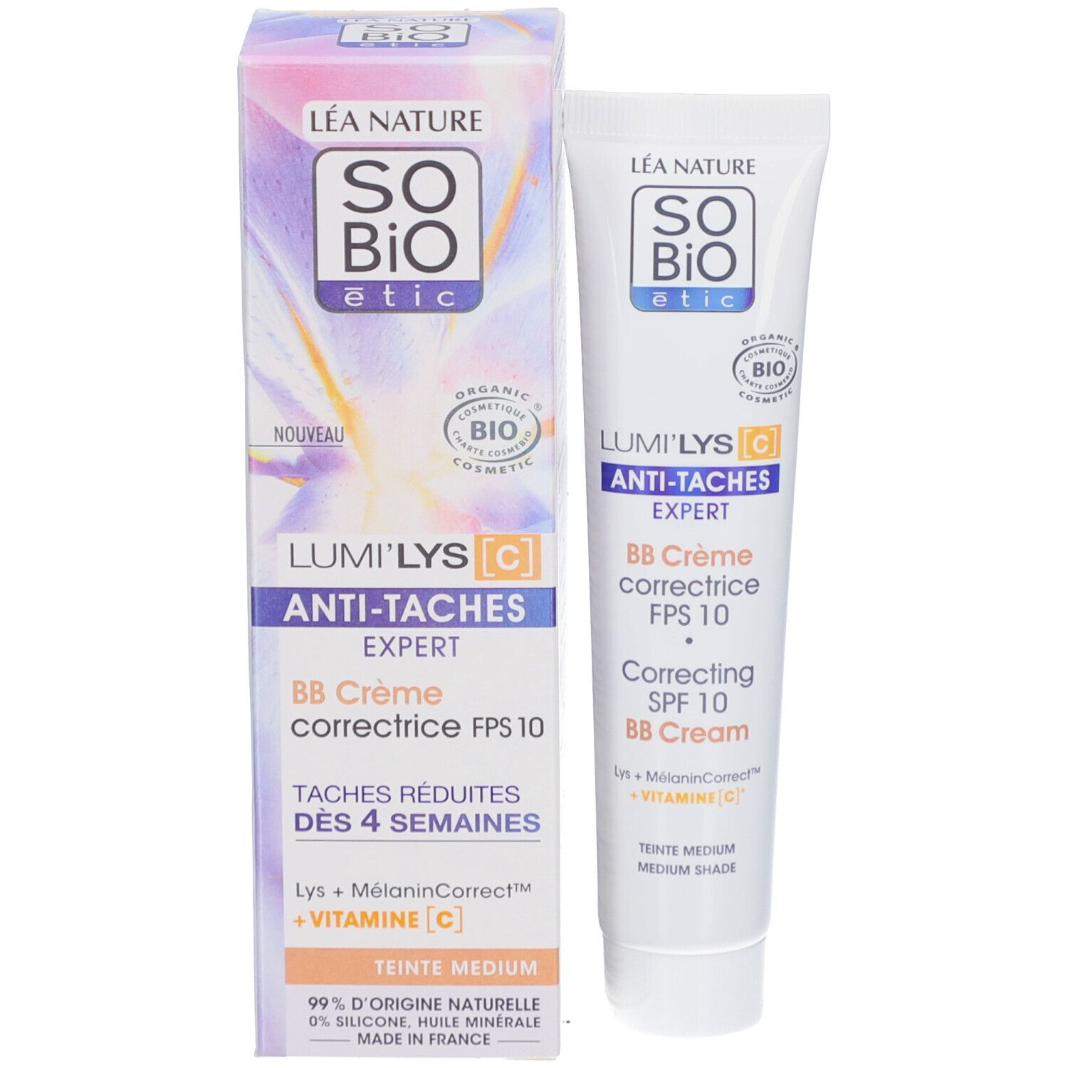 SO BIO ETIC Lumi'Lys BB Crème avec emballage. Texte français. Label bio. BB Crème correctrice FPS 10.