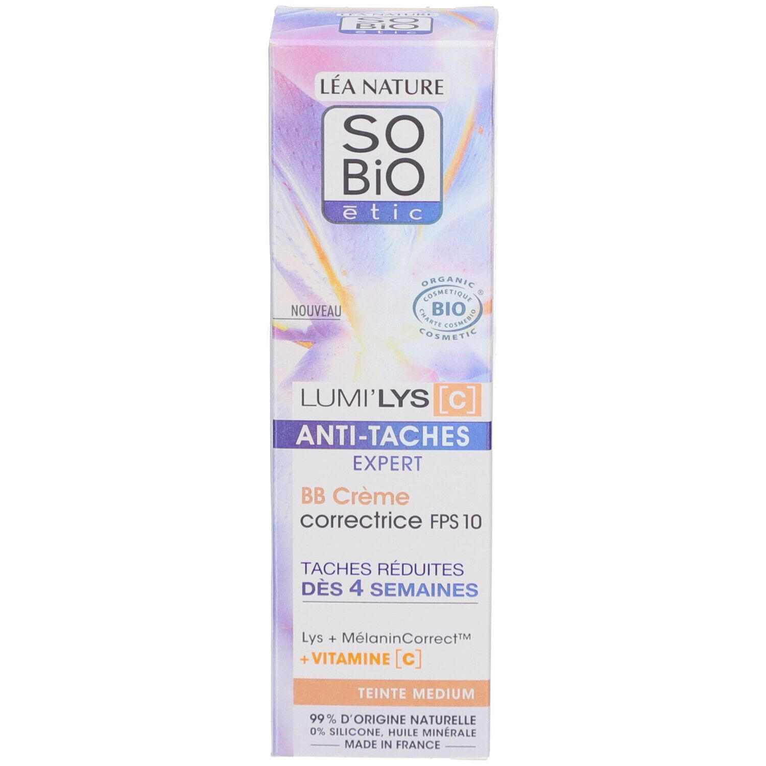 Emballage SO BIO ETIC Lumi'Lys BB Crème. Texte français. Label bio. BB Crème correctrice FPS 10. Réduit les taches.