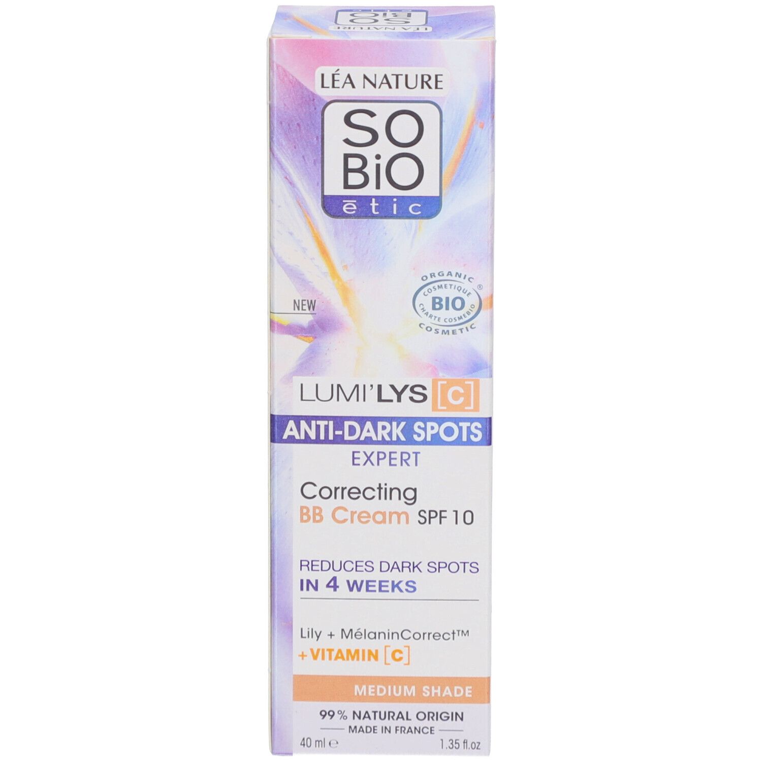 Emballage SO BIO ETIC Lumi'Lys BB Crème. Texte français. BB Crème correctrice FPS 10. Réduit les taches en 4 semaines.