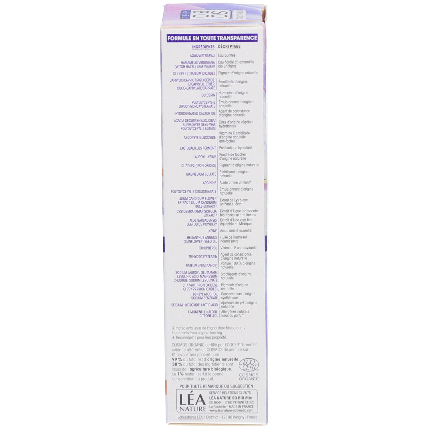 Côté de l'emballage SO BIO ETIC Lumi'Lys BB Crème. Texte français. Ingrédients, certifications, fabricant.