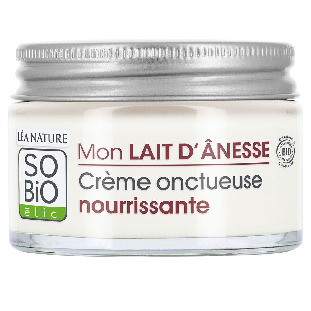 Crèmepot met zilveren deksel. Opschrift: Mon Lait d'Ânesse Crème onctueuse nourrissante. Bio-certificering.