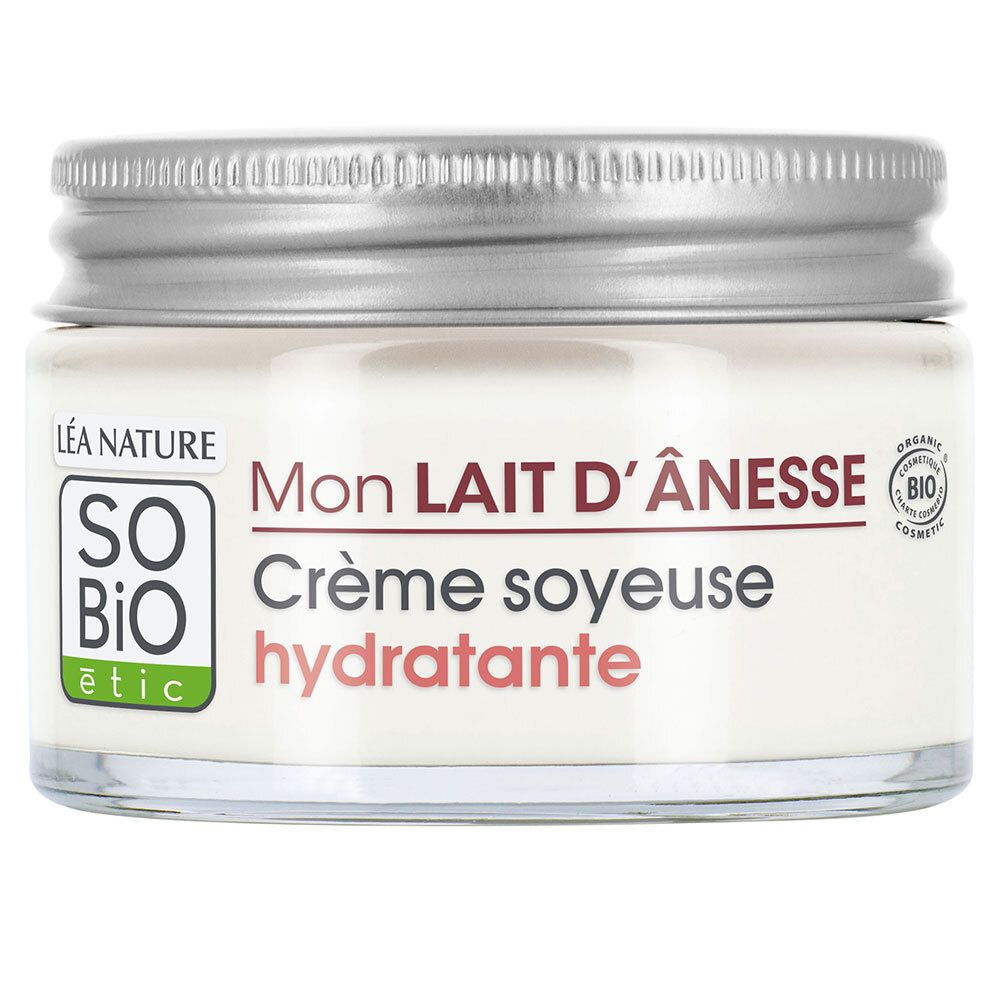 Crèmepot met zilveren deksel. Opschrift: SO BIO etic, Mon Lait d'Ânesse, Crème soyeuse hydratante.