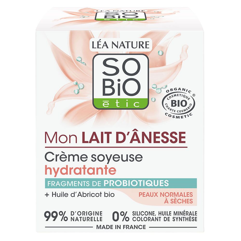 Verpakking met opschrift: SO BIO etic, Mon Lait d'Ânesse, Crème soyeuse hydratante. Met bio-certificering.